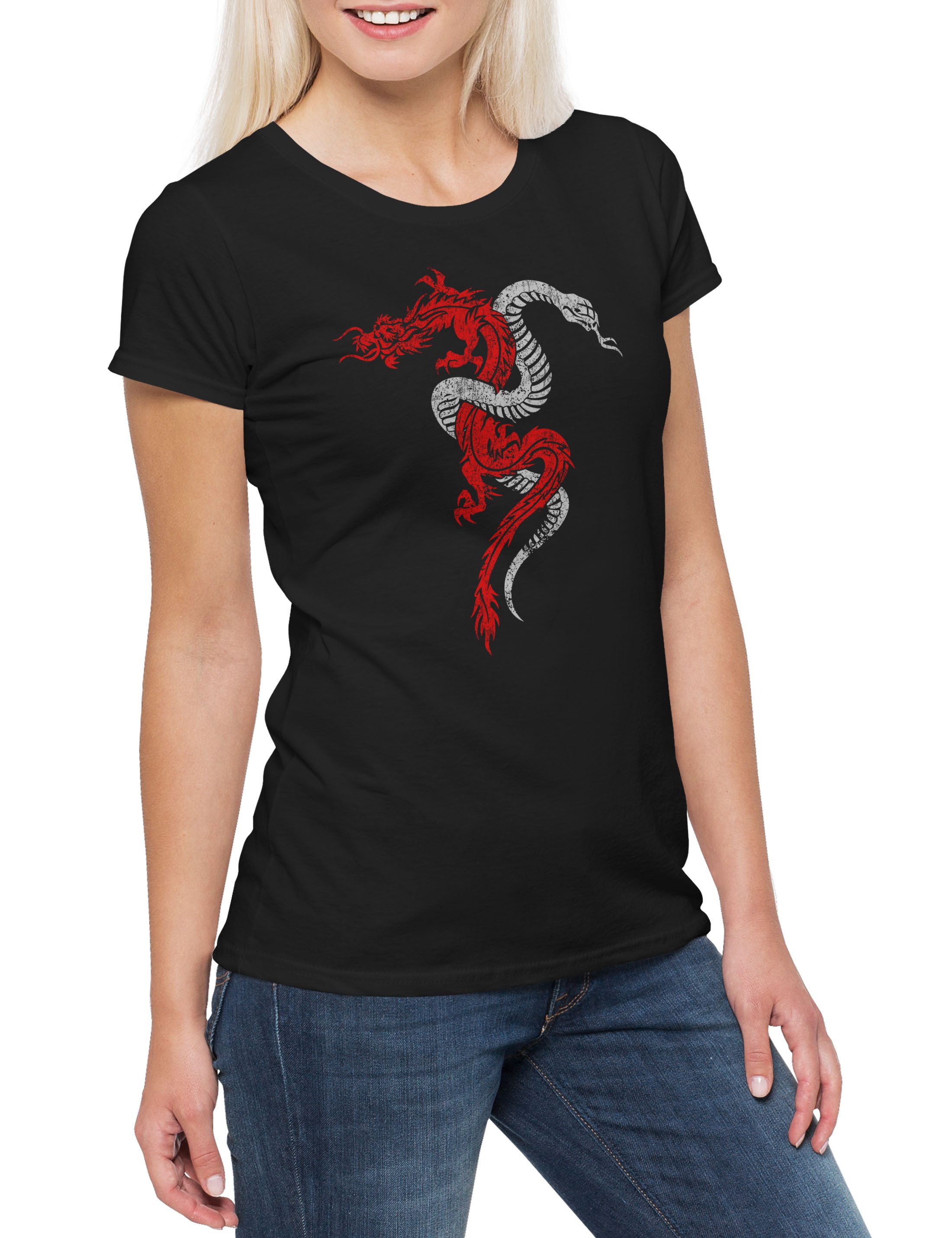 Urban Backwoods Print-Shirt Dragon & Snake Sign Damen T-Shirt Serpent Drache Schlange Tattoo RPG (1-tlg) Dungeons Role Play Game