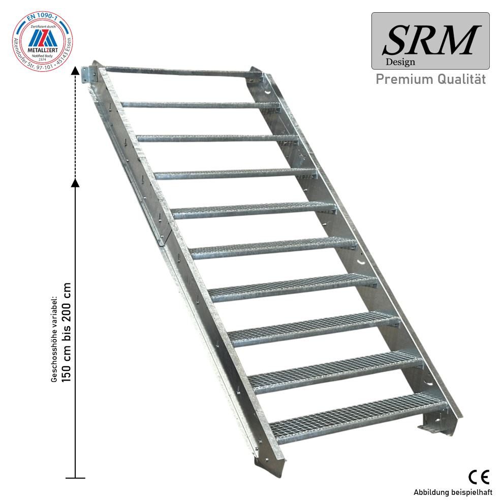 SRM Design Außentreppe 10 Stufen Stahltreppe 70cm Stufenbreite, Höhe 150-200cm, ohne Geländer