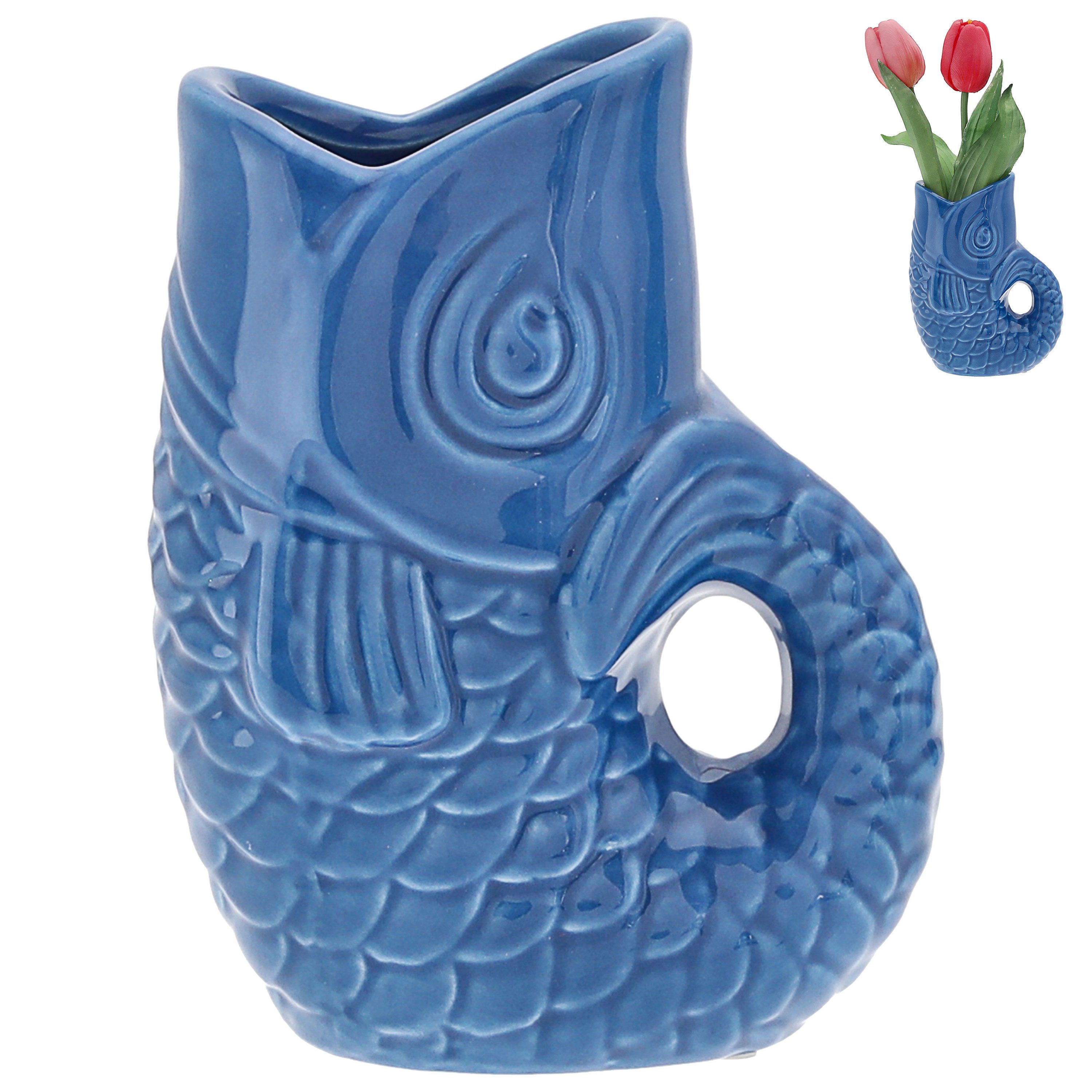 CEPEWA Dekovase Vase Fisch 'Blubb' 12x13x7cm Dolomit blau Blumenvase Tischvase Griff