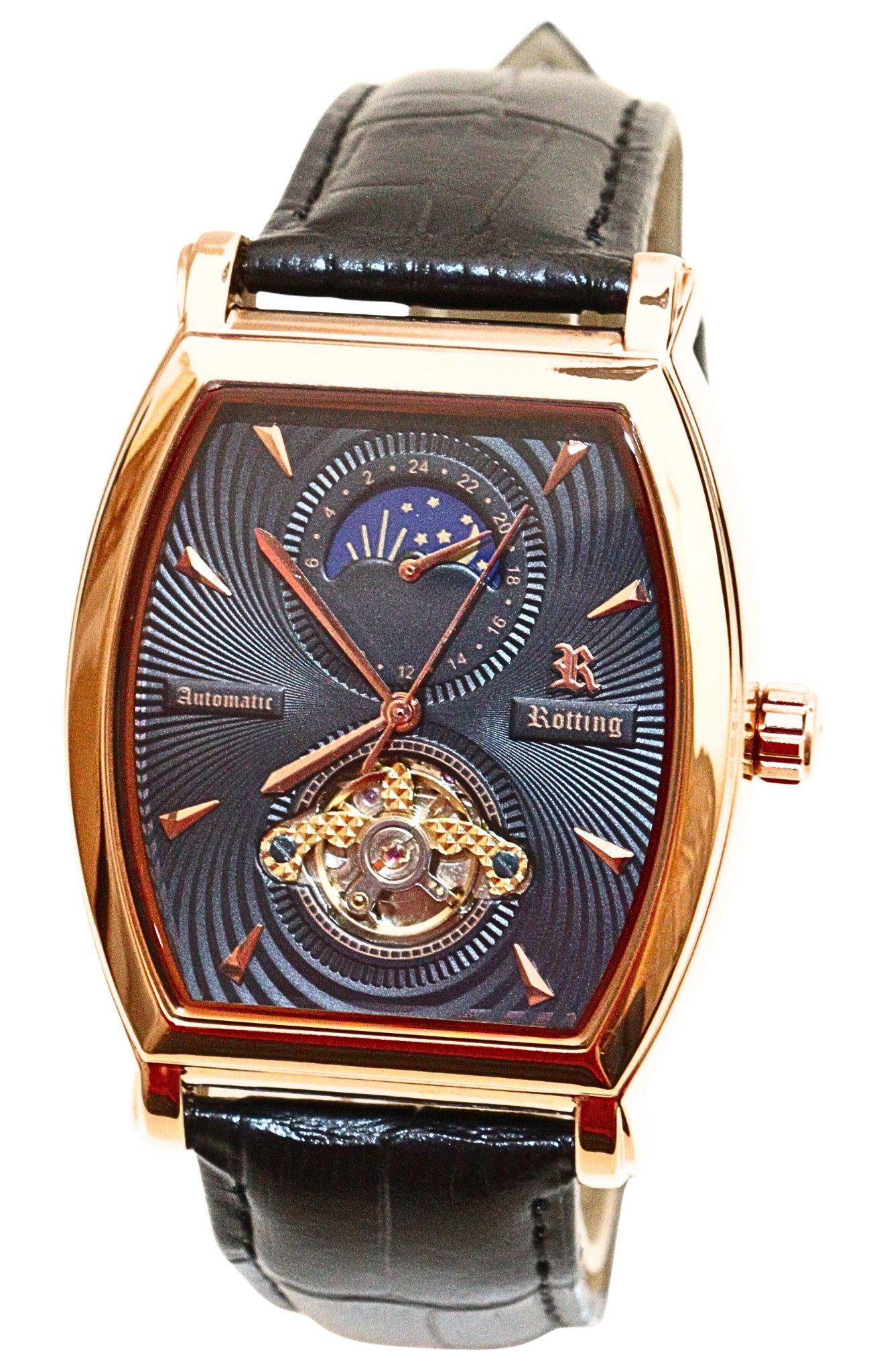 Rötting Design Automatikuhr Herrenuhr Tag/Nacht Phase offene Unruhe schwarzes Ziffernblatt, goldrosefarbenes Gehäuse