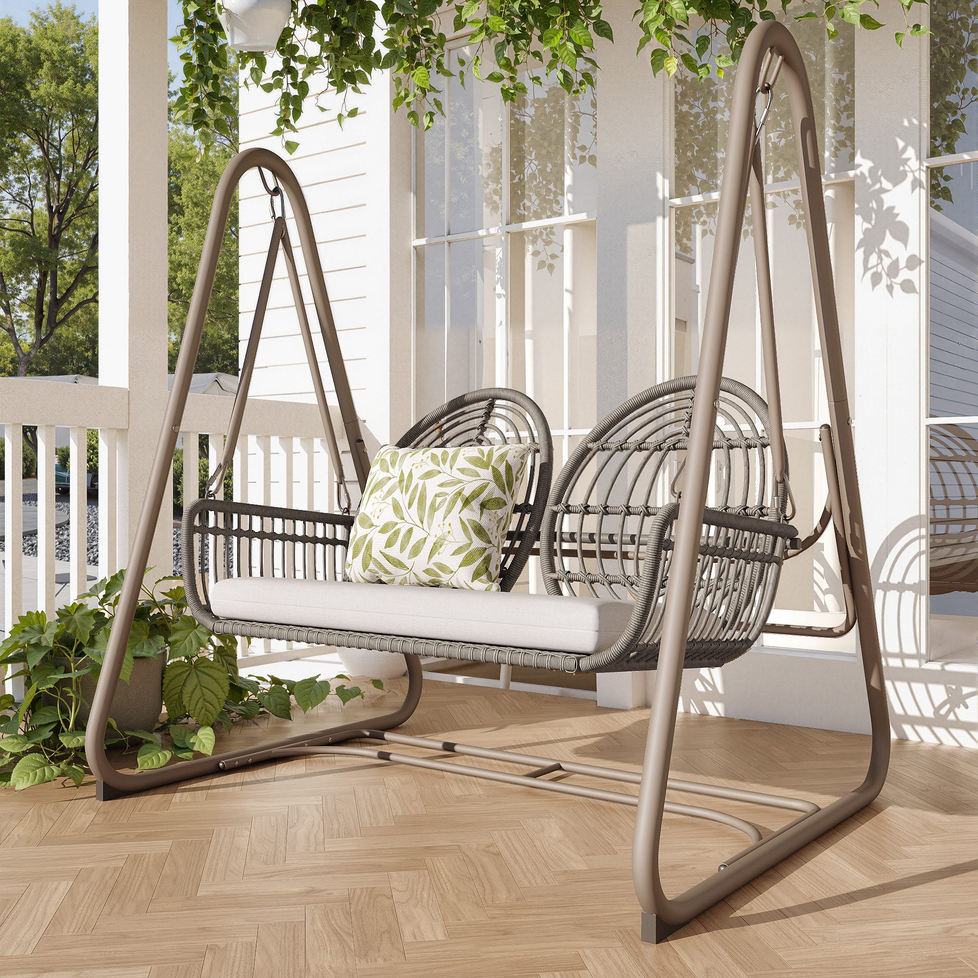 Stuhl Gartenschaukel mit Rückenlehne, Doppelschaukel aus PE-Rattan, Hellgrau