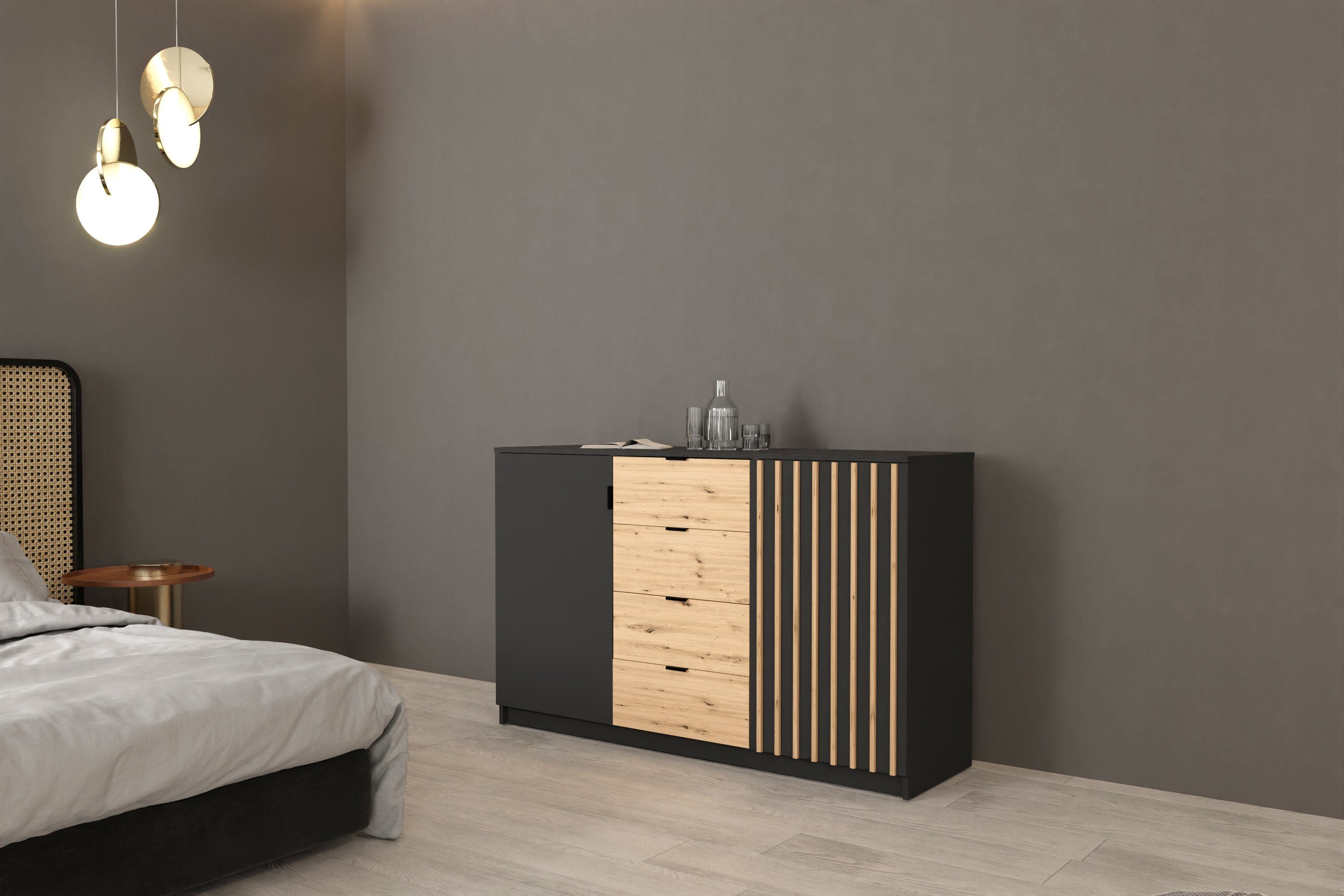 MOEBLO Kommode XANO 150 (Moderne, schwarze Griffe, mit Schubladen schwarz + wotan + wotan Latten, Sideboard Wohnzimmer Kommode Schlafzimmer Komodenschrank Highboard), (B x H x T):150cm x 94cm x 45cm