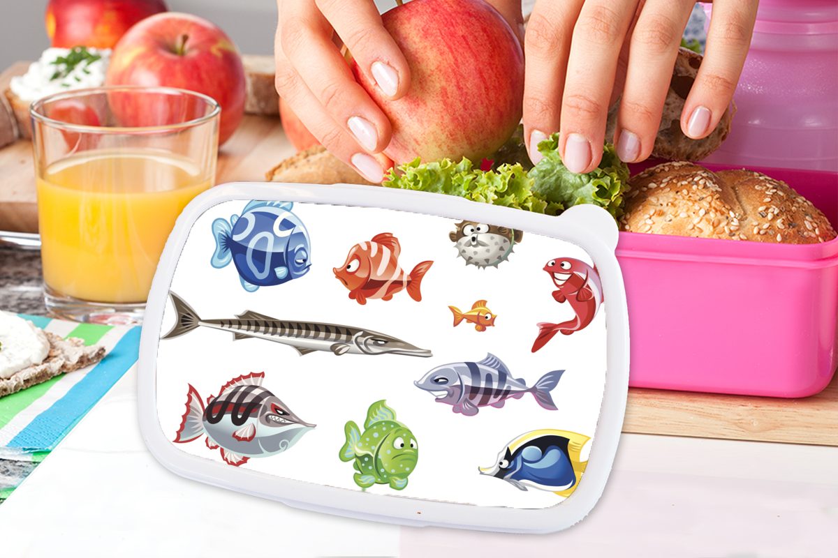 MuchoWow Lunchbox für Erwachsene, animierten Kunststoff, Brotdose von Kinder, zehn Brotbox (2-tlg), rosa Eine Snackbox, Illustration Kunststoff Fischen, Mädchen