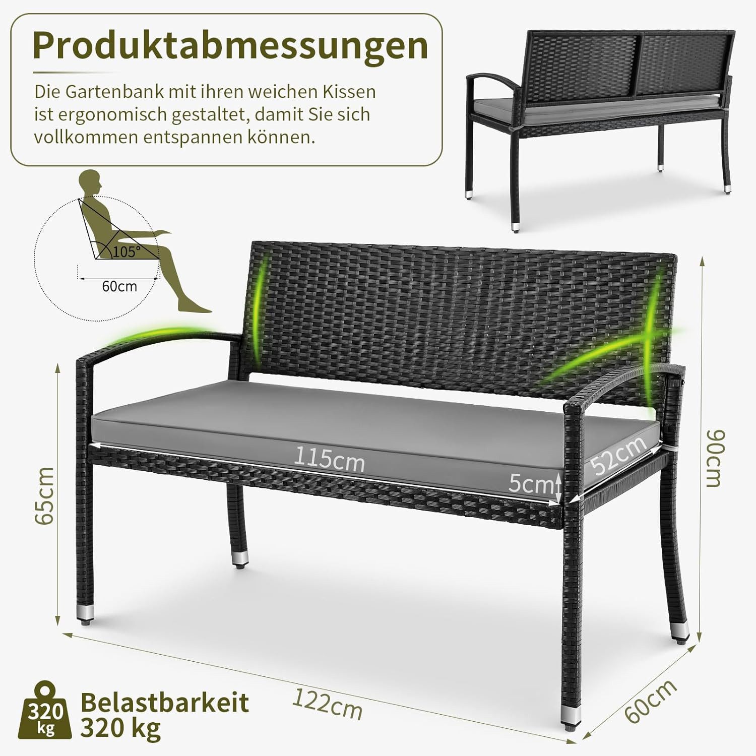 TLGREEN Gartenbank 2-Sitzer Rattan-Sofa mit Kissen (Komfortable Gartenlouge aus Wettersicherem PE-Rattan, Stabiler Metallrahmen, Terrassenmöbel Set für Außenbereich), Outdoor Sofa für Garten/Terrasse/Balkon