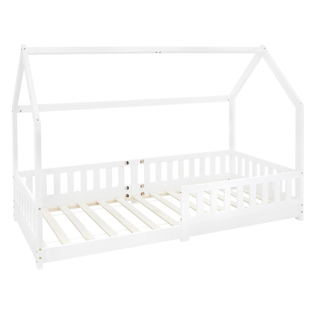 ML-DESIGN Spielbett Hausbett Kinderbett inkl. Lattenrost kreativ Bodenbett für Kinder, Abenteuerbett zum Spielen mit Rausfallschutz Kiefer Weiß Himmelbett