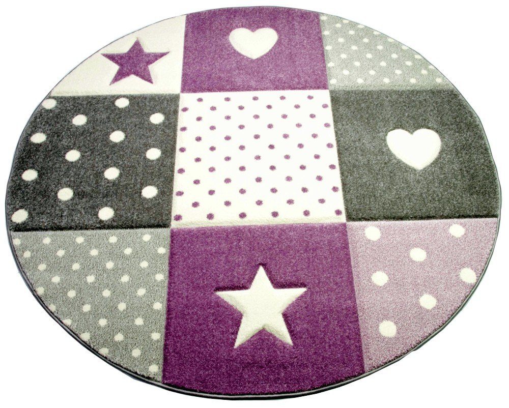 Carpetia Kinderteppich Kinderteppich Spielteppich Mädchen mit Herz Stern lila creme grau, rund, Höhe: 13 mm