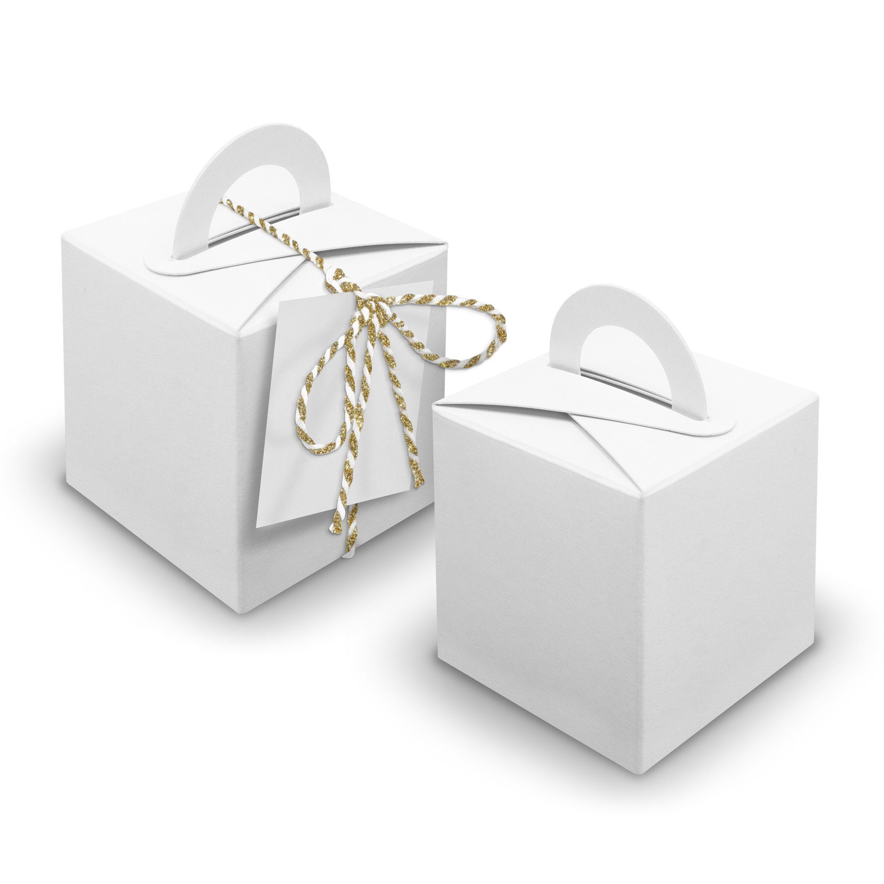 itenga Geschenkpapier V27 24x Würfelbox mit Griff weiß + Garn gold metallic + Anhänger