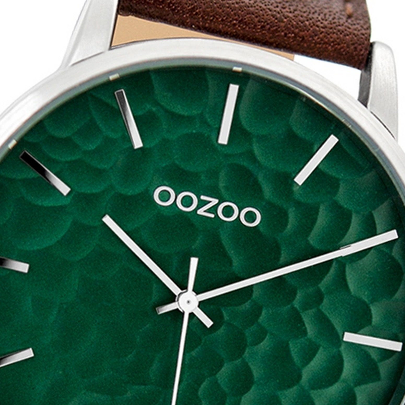 OOZOO Quarzuhr Oozoo Herren Armband-Uhr braun, Herrenuhr rund, extra groß  (ca. 48mm) Lederarmband, Fashion-Style, silberne Zeiger und Indizes