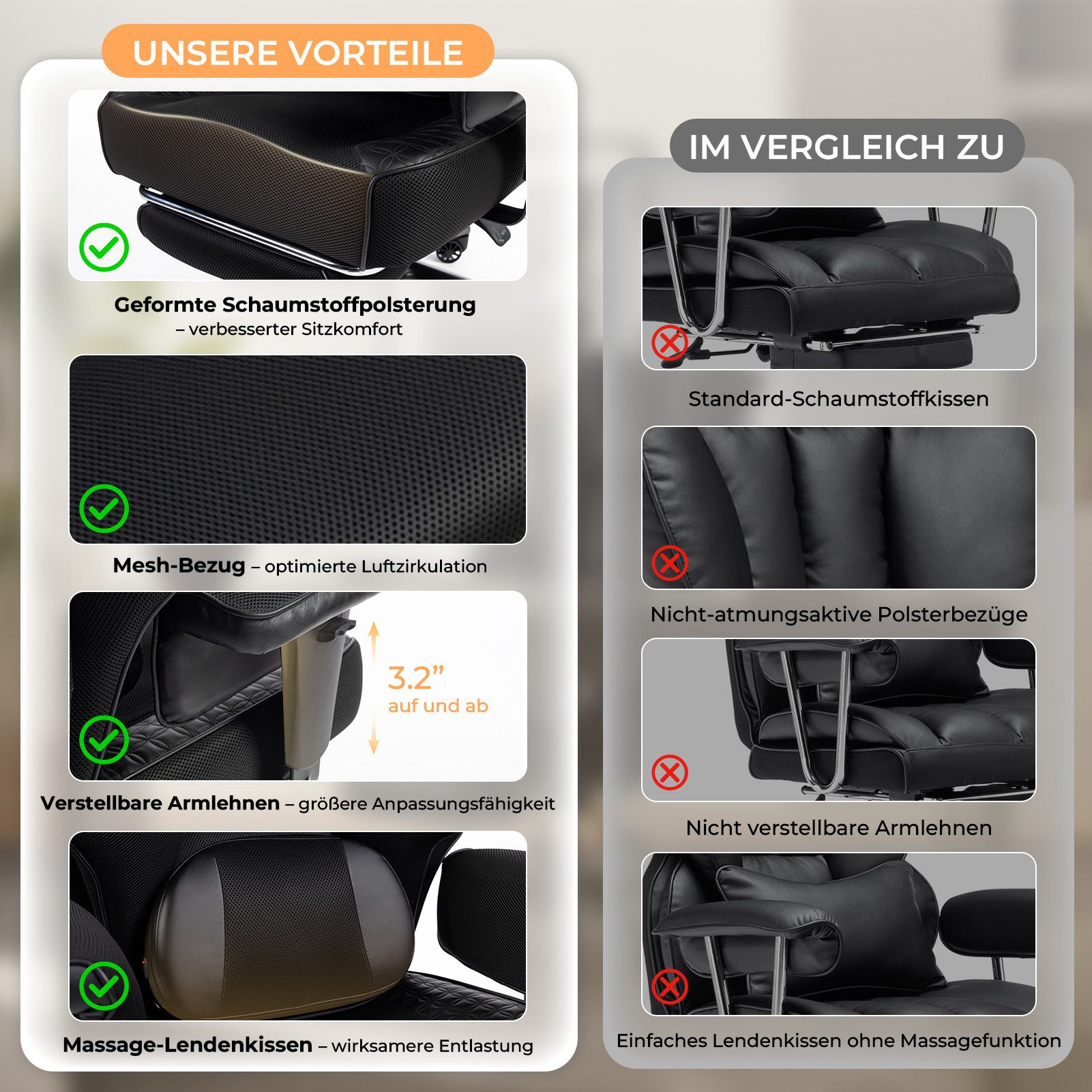 Dowinx Gaming-Stuhl mit Massage-Lendenkissen & Extra-Dicker Sitzpolsterung (Packung), Chefsessel mit Atmungsaktivem Mesh & Verstellbaren Armlehnen – Bild 5 von 5