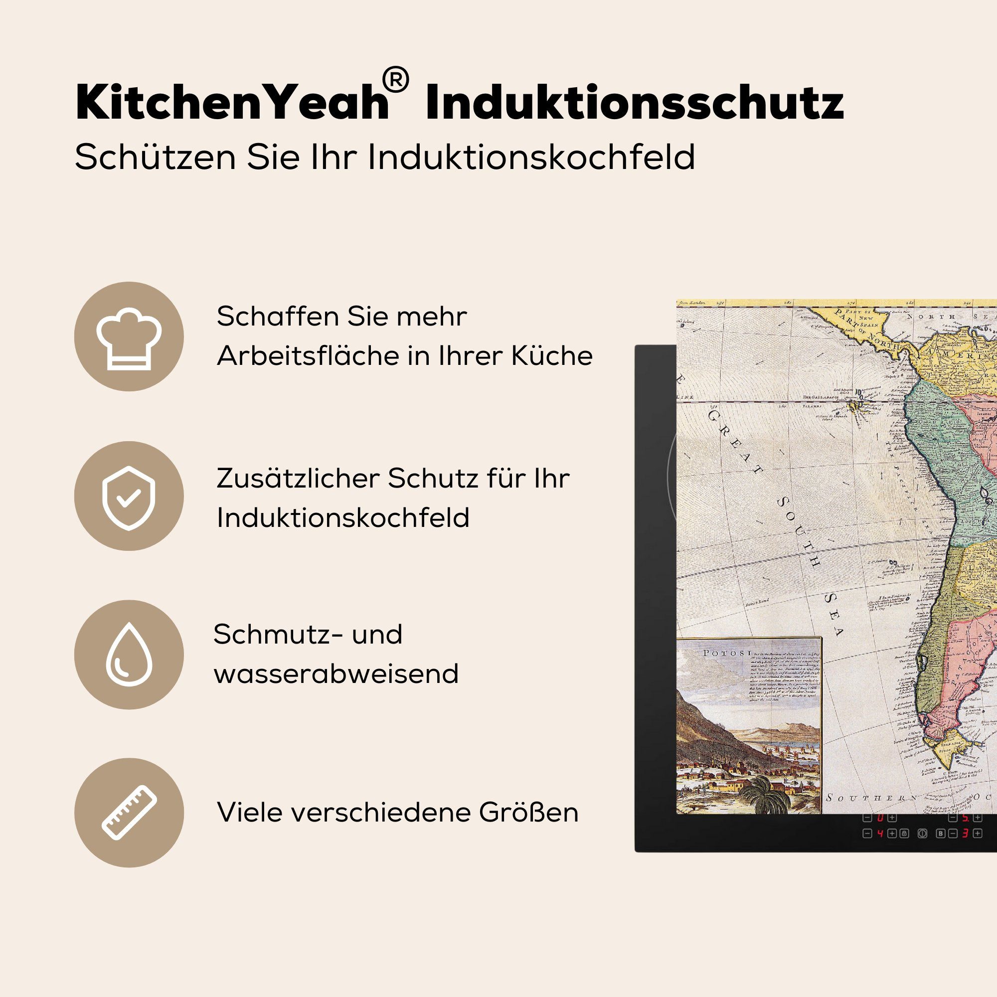 küche 78x78 Vinyl, Antike, für MuchoWow - Karte cm, Südamerika tlg), Kontinent - Herdblende-/Abdeckplatte Ceranfeldabdeckung, (1 Arbeitsplatte -