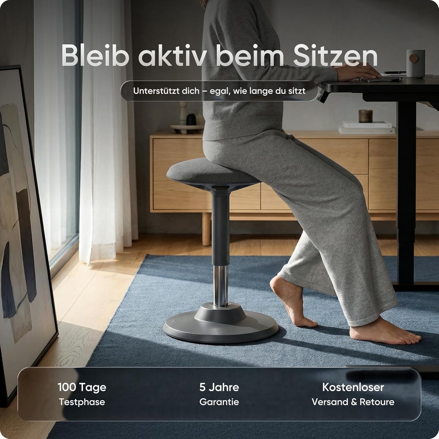 DESKSPACE Drehhocker Motion Ergonomischer Stehhocker - Höhenverstellbarer Bürohocker (Einzelartikel), Höhenverstellbarer Stehhocker mit ergonomischem Sitzkomfort