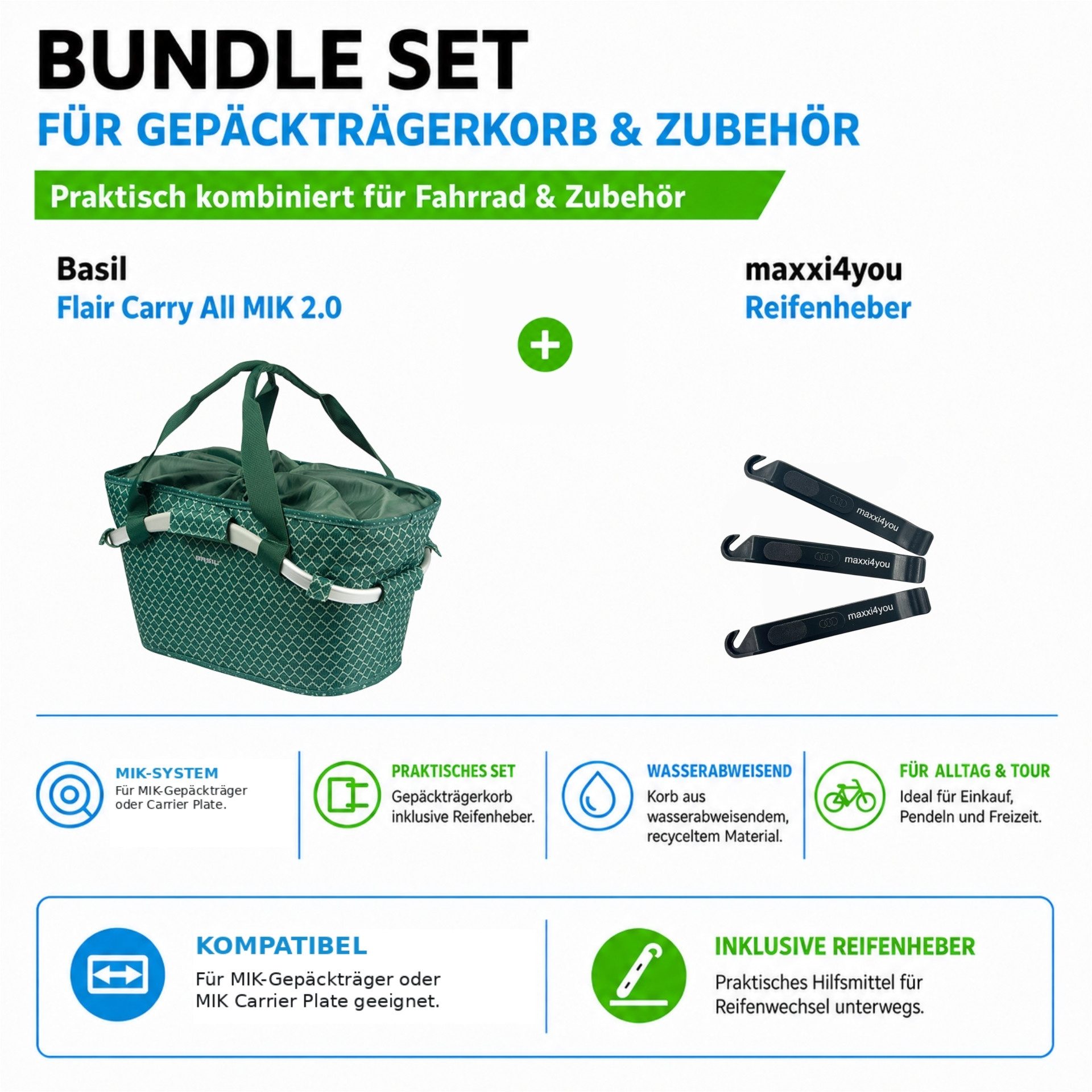 maxxi4you Fahrradkorb Basil Flair Carry All MIK 2.0 Grün inkl. maxxi4you Reifenheber (Set, 4-tlg., Gepäckträgerkorb mit maxxi4you Reifenheber 3er-Set), abnehmbar, wasserabweisend, reflektierende Details