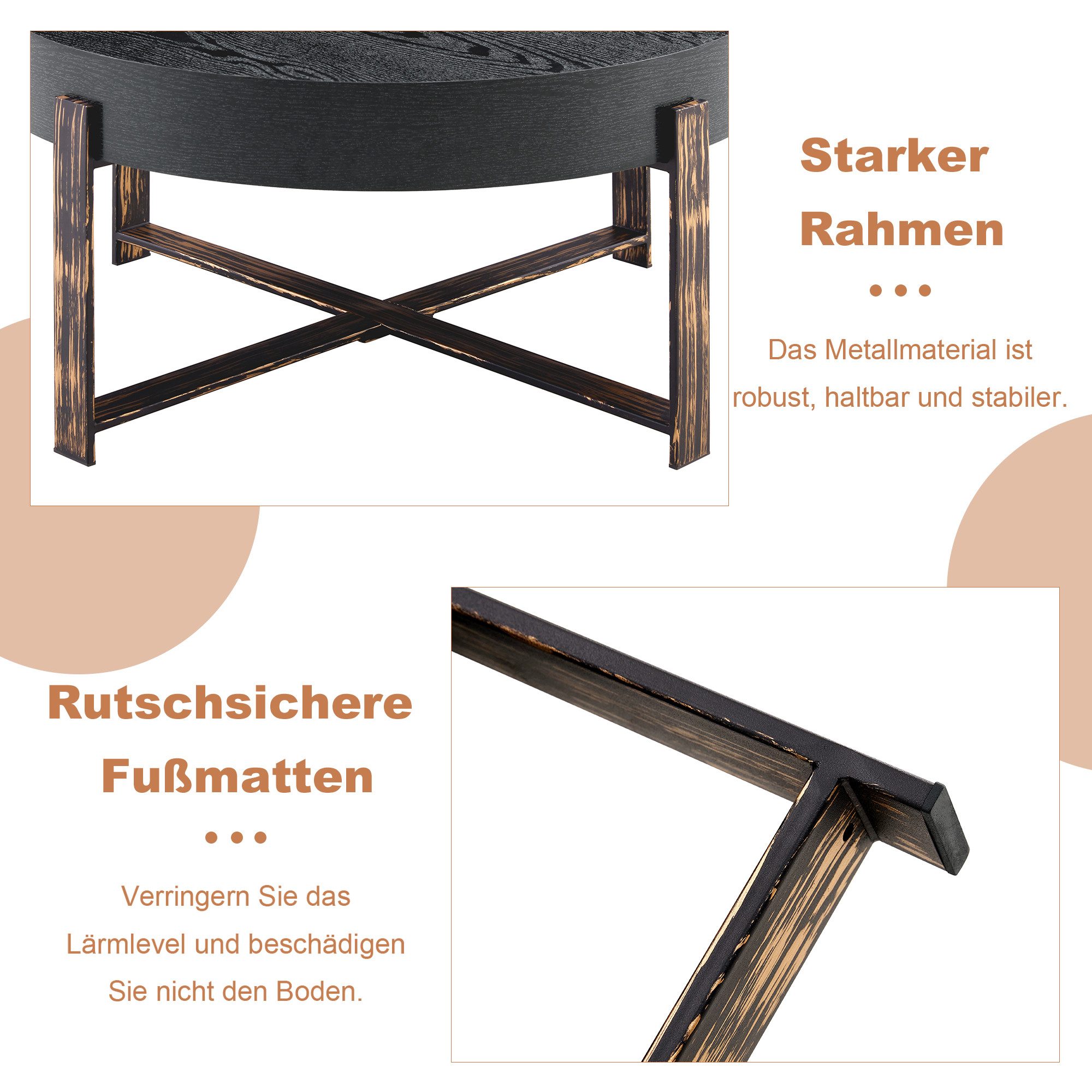 REDOM Couchtisch Runder Beistelltisch Ø68 cm (stabile Metall-Kreuzfußkonstruktion, edle Holzmaserung-Optik), Wohnzimmertisch Sofatisch