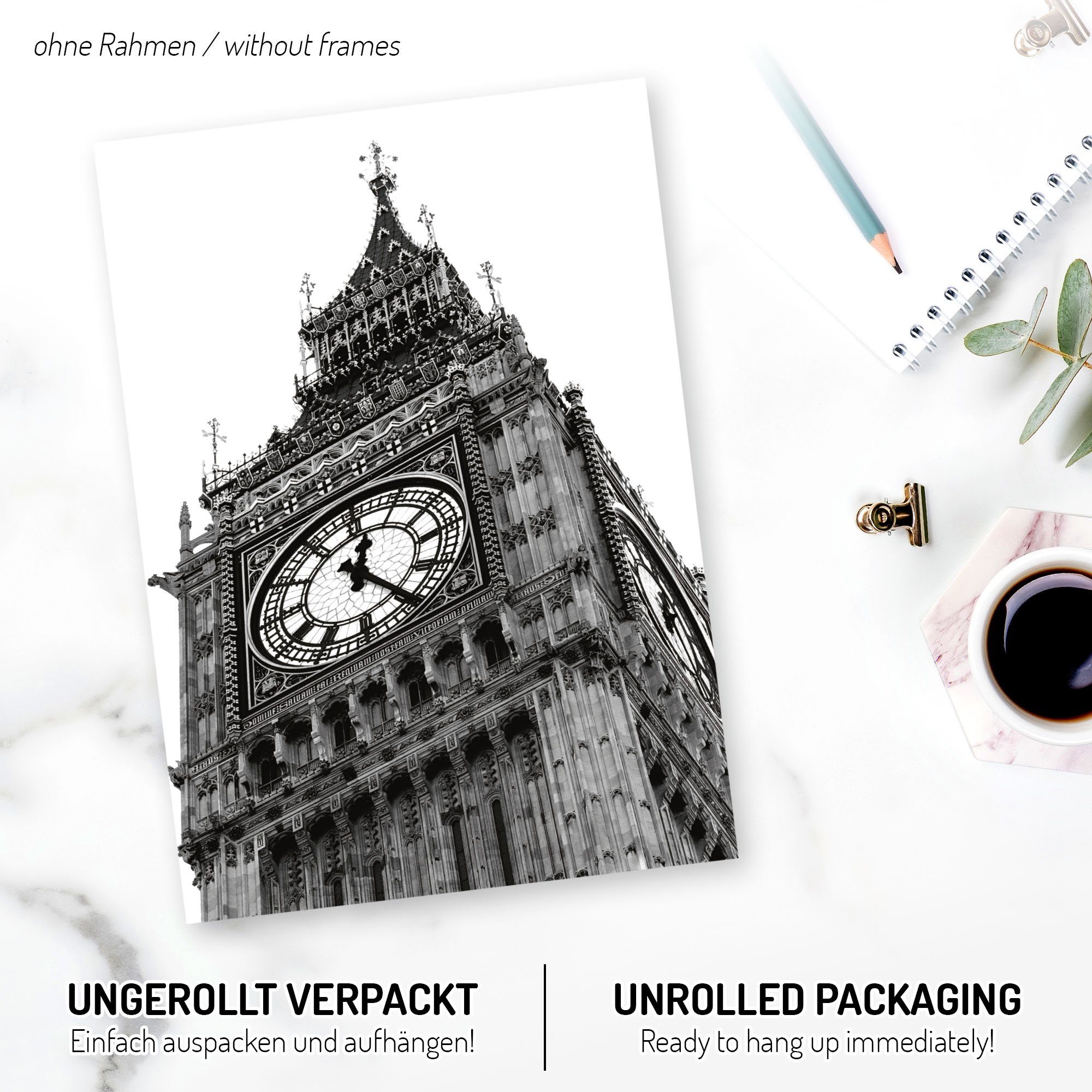 Kreative Feder Poster, London, Stadt, City, England, Britisch, Big Ben, London Bridge (Set, 6 St), 6-teiliges Poster-Set, Wandbild, Posterwand, optional mit Rahmen