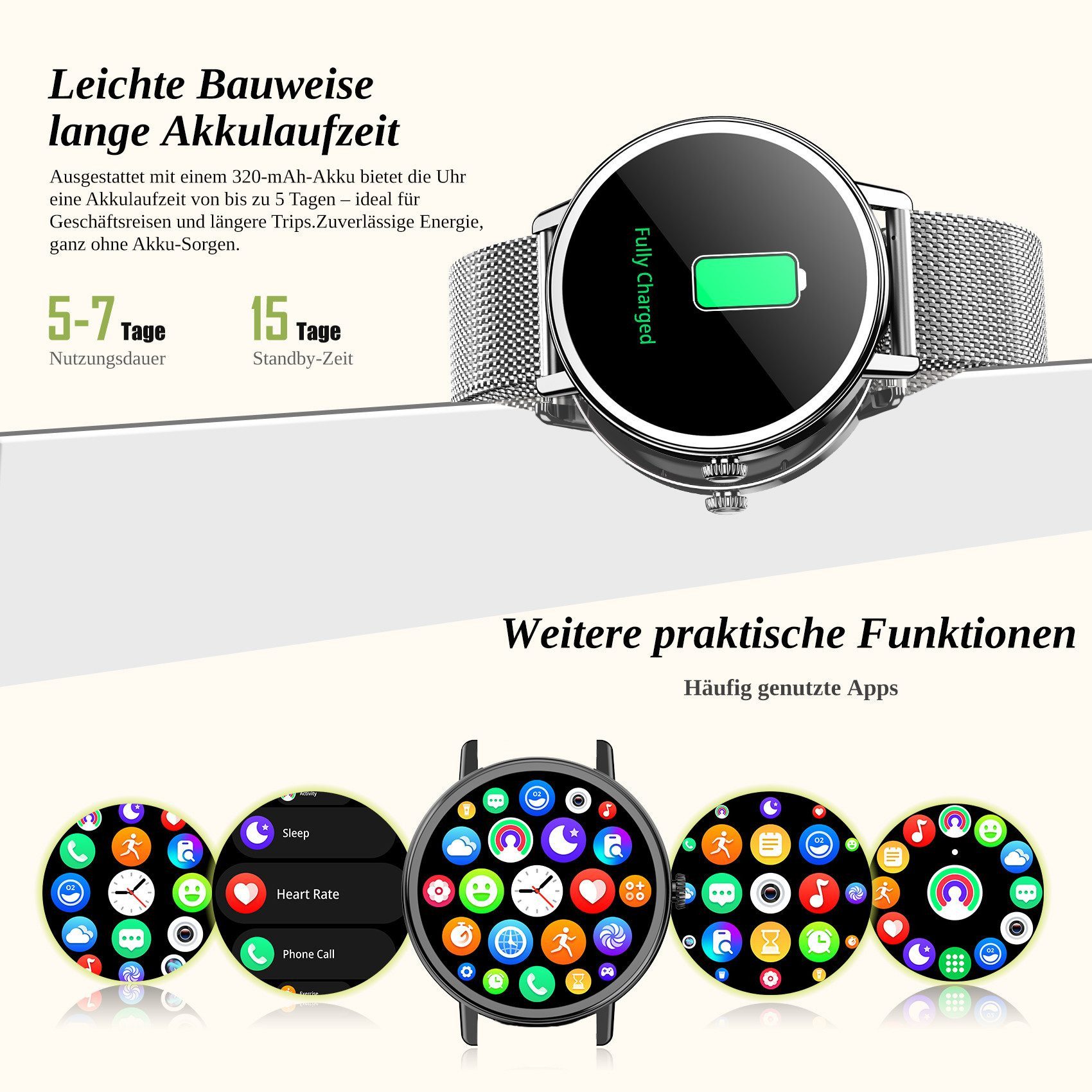 blackview Smartwatch Damen, Neues Fitness Uhr mit Anrufe, Puls, Pulsmesser, SpO2 Smartwatch (4 cm/1.26 Zoll, iOS/Android), Schlafüberwachung,Stress-, IP68 Wasserdicht,Smartwatch für Android IOS