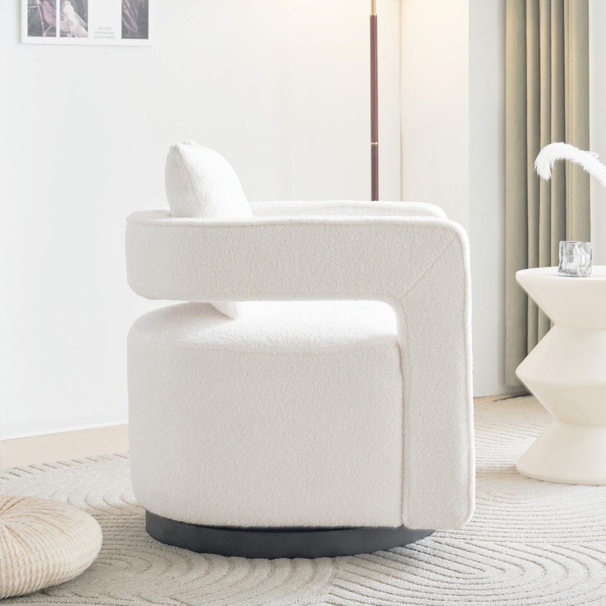 KLAM HOME Relaxsessel Einzelsofasessel mit für Polsterstuhl drehbar Armlehnen), weiß (Freizeitstuhl Wohn-, Drehsessel mit Kissen, Arbeitszimmer 360° und TV-Sessel Schlaf