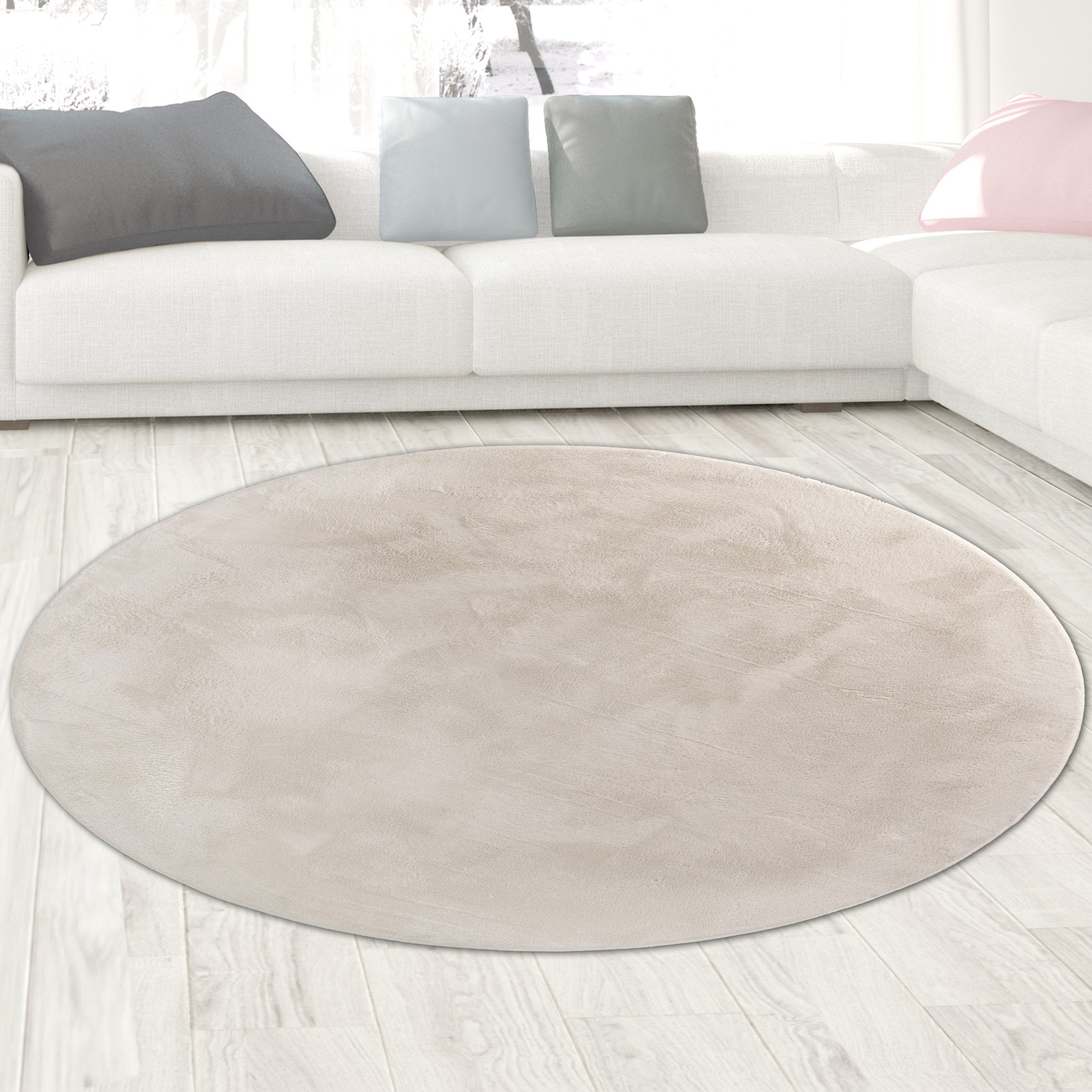 Carpetia Fellteppich Kunstfell Hasenfell-Optik, rund, Höhe: 10 mm, seidig weich & flauschig mit dichter Kurzflorstruktur