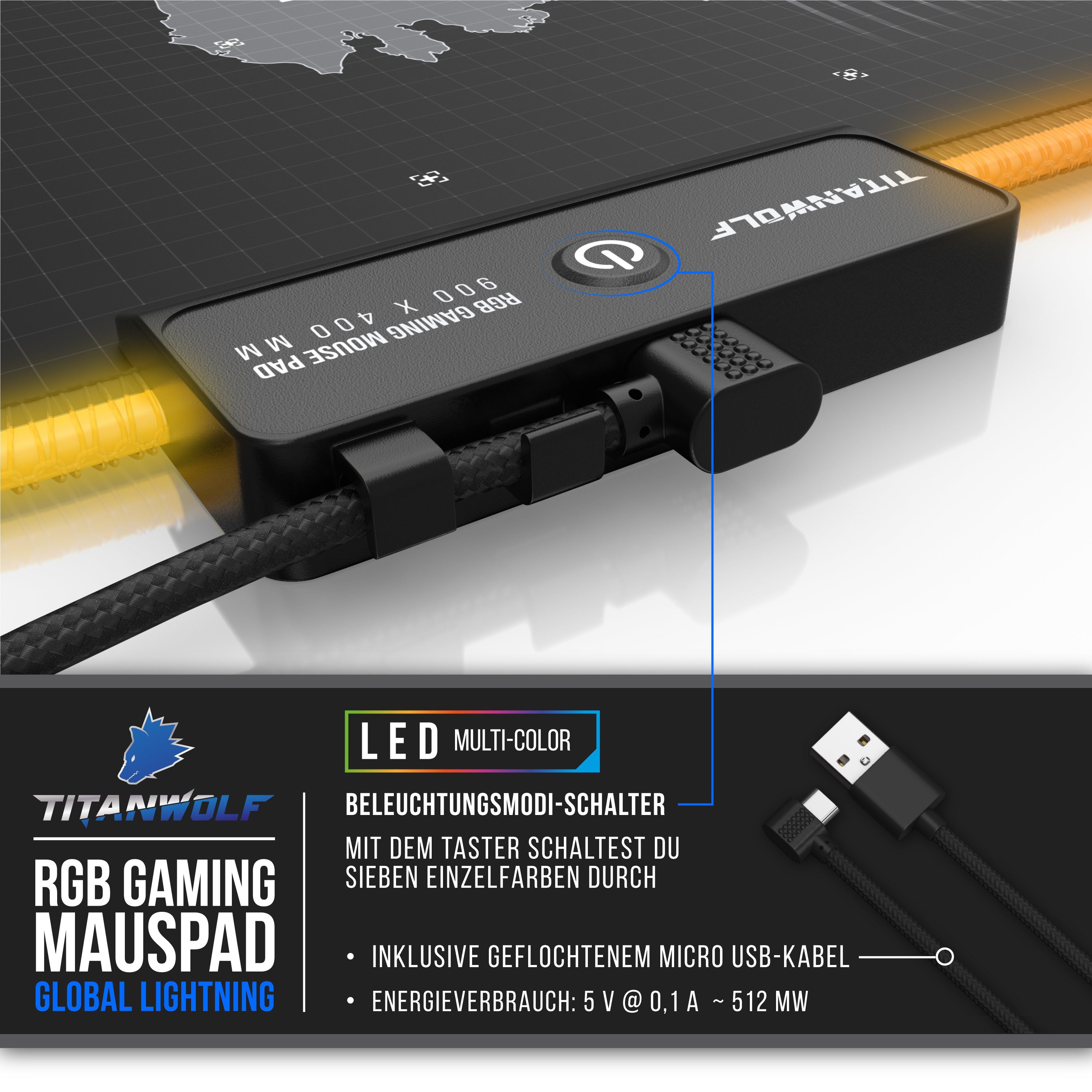 Titanwolf Gaming Mauspad RGB Mousepad 900 x 400 x 3 mm, LED Multi Color XXL Tischunterlage, rutschfest, abwaschbar, Geschwindigkeit & Präzision, Weltkarte Globa – Bild 5 von 5
