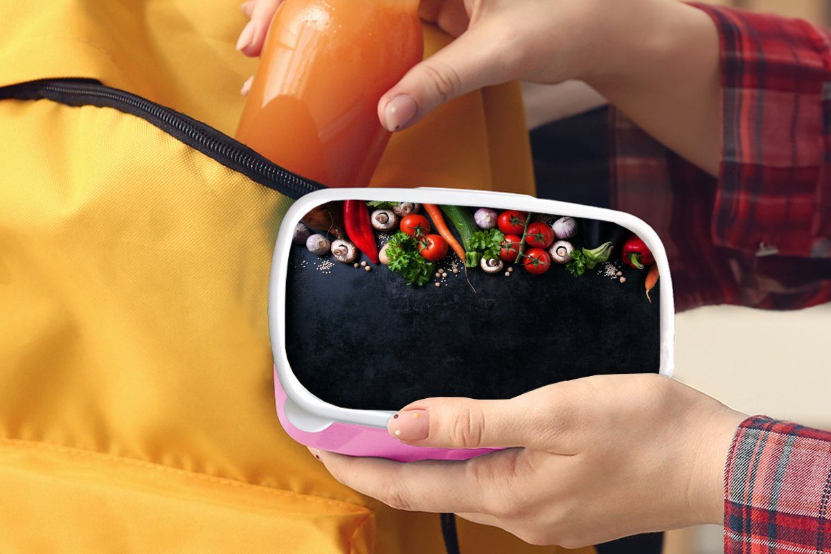 Snackbox, - Gemüse - Erwachsene, Lunchbox Kunststoff, Mädchen, - Küche, - Gewürze Brotdose (2-tlg), Kräuter - Kinder, MuchoWow Brotbox Kunststoff Schwarz rosa für Rustikal
