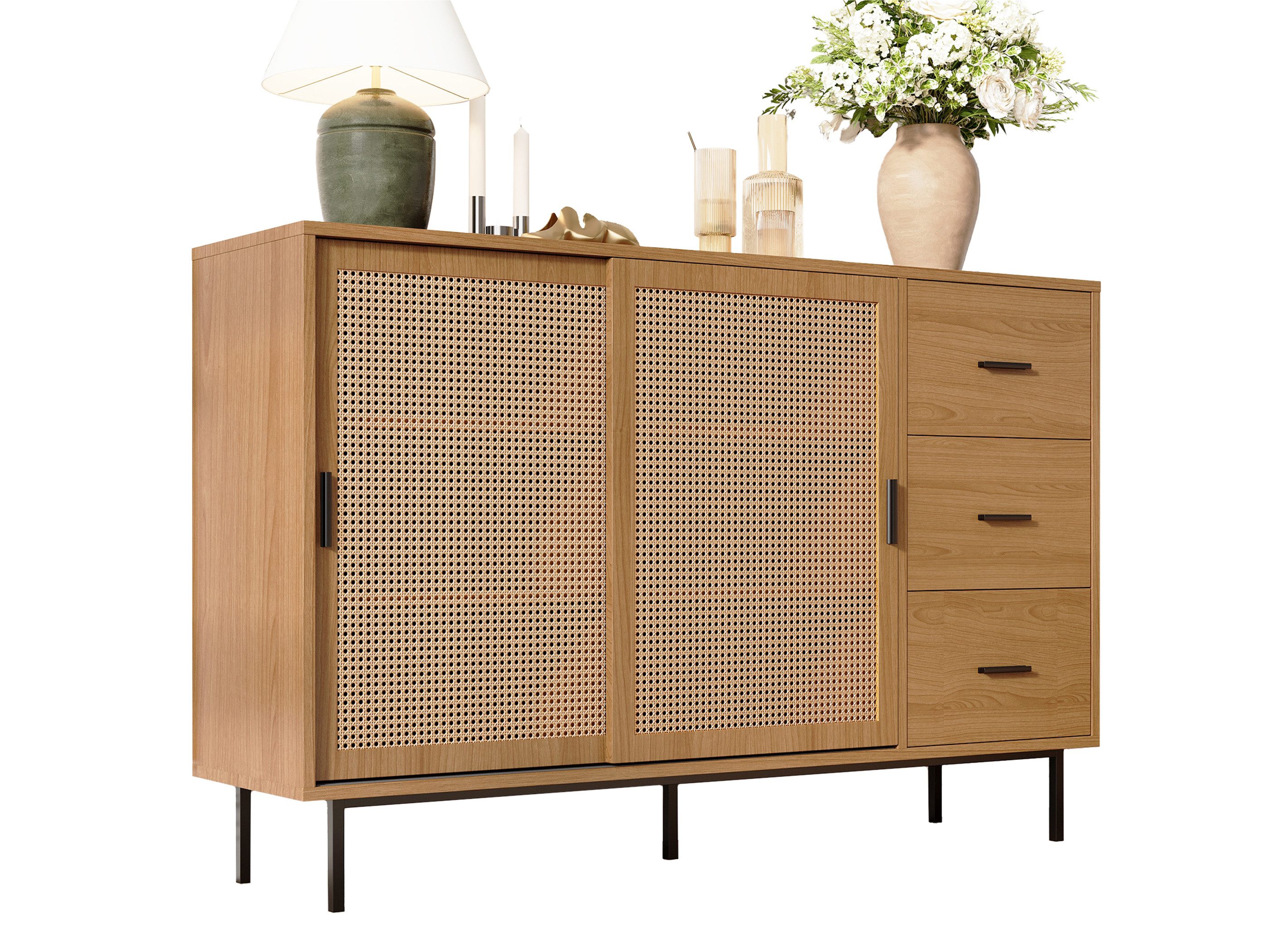SeedWave Sideboard Retro Wohnzimmerschrank mit 2 Rattan-Schiebetüren, 3 Schubladen, Kommode inklusive 2 höhenverstellbare Einlegeböden, Metallfüße