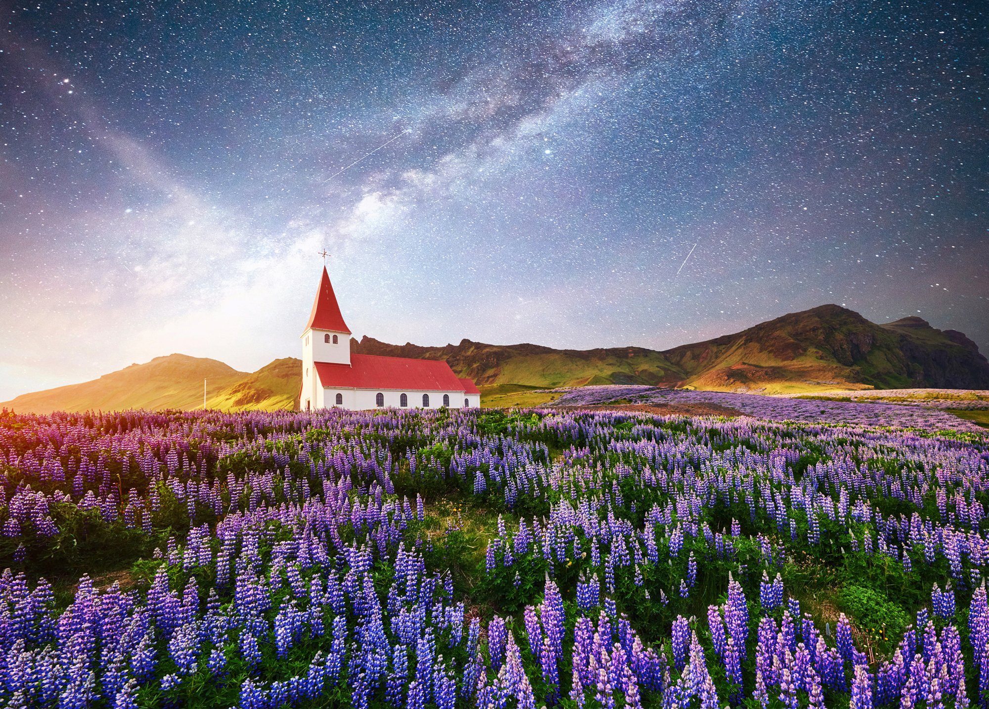 Papermoon Fototapete BLUMEN-WIESE-FELD ISLAND KIRCHE STERNE HIMMEL BERGE