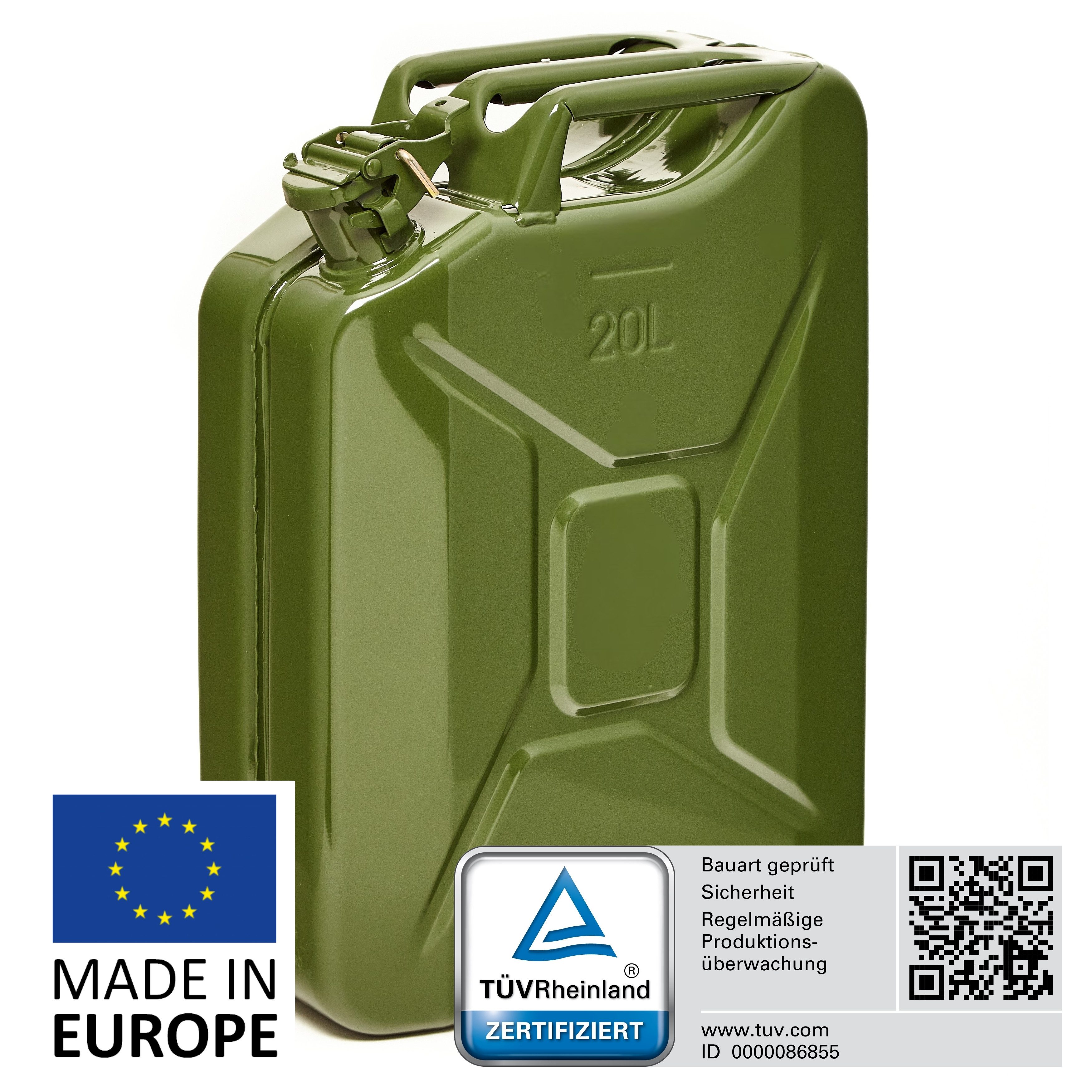 BW Benzinkanister Metall Kraftstoffkanister 20 Liter (nach NATO Standard, Made in Europe), TÜV-geprüft und UN-Zulassung
