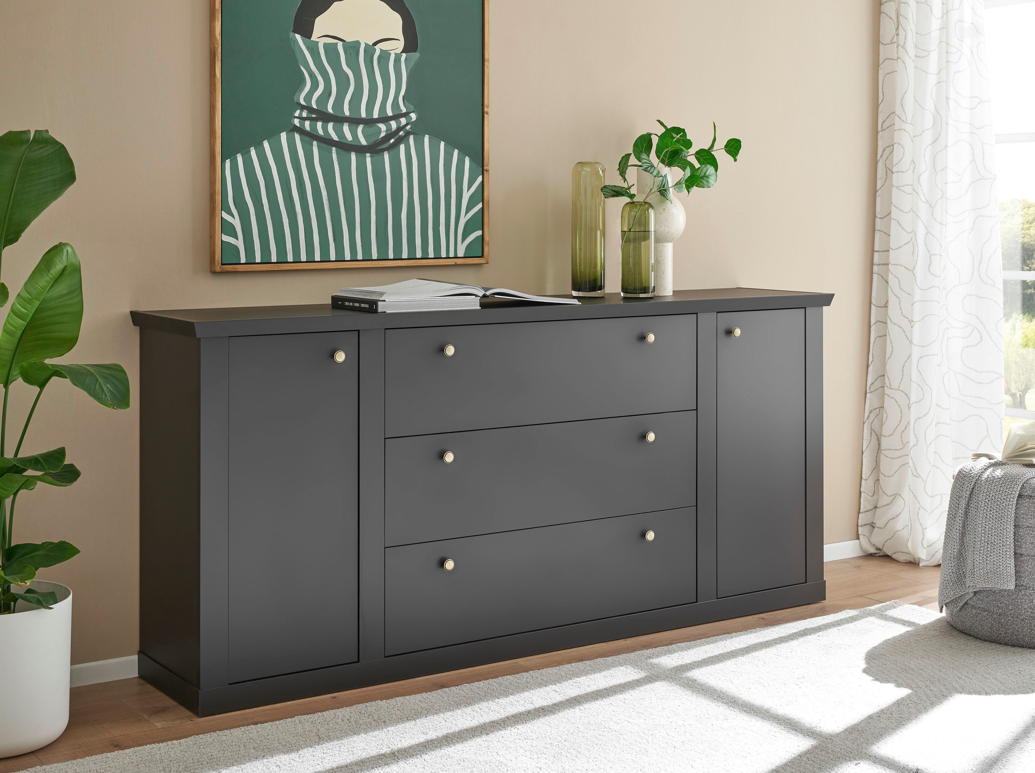 Home affaire Sideboard Lincoln, moderner Schrank, schwarze Kommode, 205 cm breit, edles Design, messingfarbene Knopfgriffe, in 2 Größen verfügbar