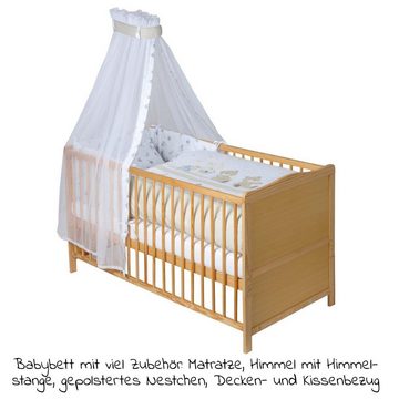 jonka Babybett Leni - Spielbär - Natur, Set inkl. Bettwäsche, Himmel & Matratze 70x140 cm mit Schlupfsprossen