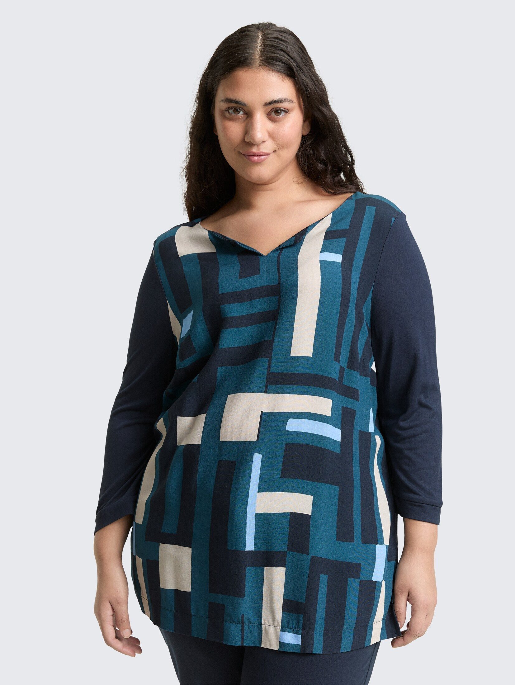 TOM TAILOR PLUS 3/4-Arm-Shirt T-Shirt Plus Size - Langarmshirt im Material-Mix