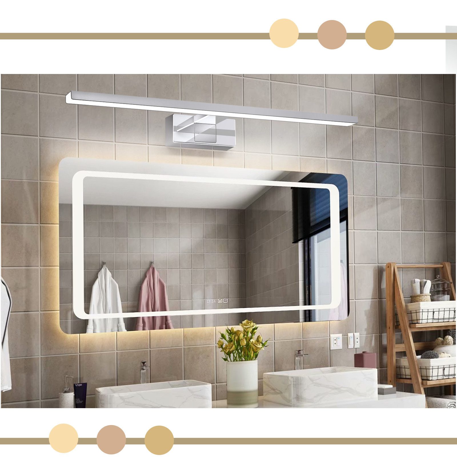 ZMH LED Spiegelleuchte 60cm Modern Chrom Wandlampe 4000K Spiegelschrank, LED fest integriert, Neutralweiß, 12W Spiegel Wandleuchte – Bild 5 von 5