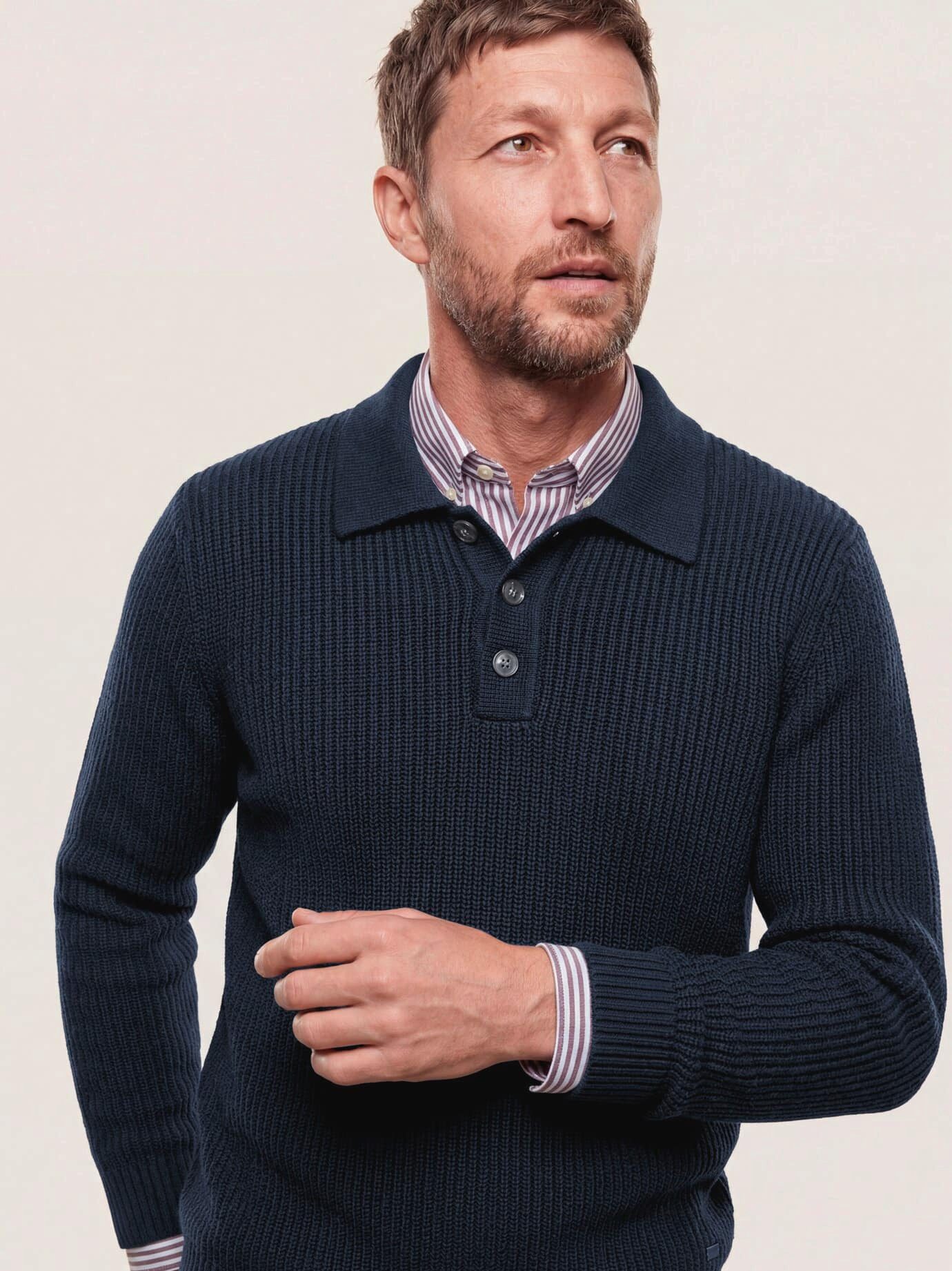 Walbusch Polokragenpullover Herren Rippstrickpolo aus Wollmischung Polokragen, modern, wärmend
