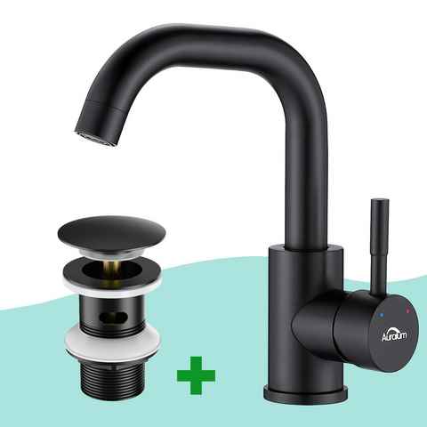 Auralum Waschtischarmatur 360° Drehbar Badarmatur Wasserhahn + Ablaufgarnitur mit Überlauf Badarmatur mit Pop Up, Schwarz