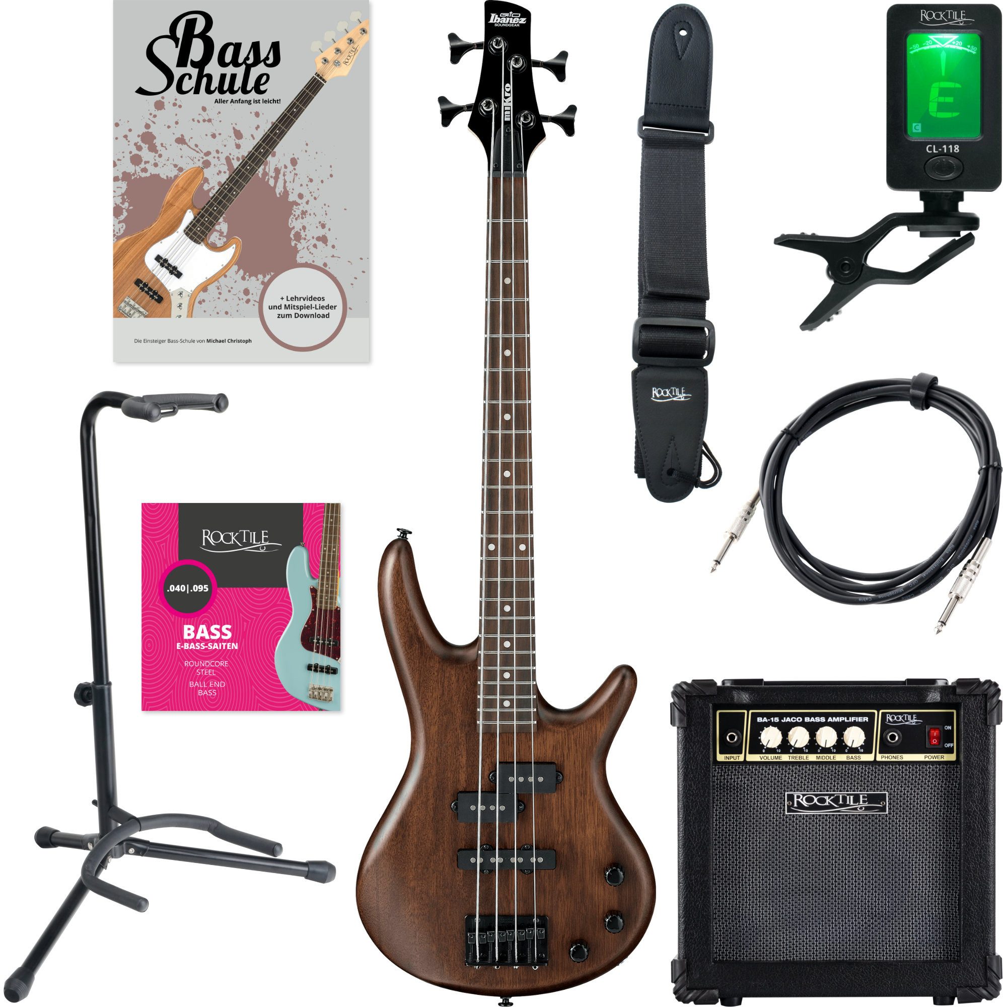 Ibanez E-Bass Ibanez GSRM20B-WNF Walnut Flat Starter Set, Short-Scale, E-Bass Anfänger-Set, 8-St.
