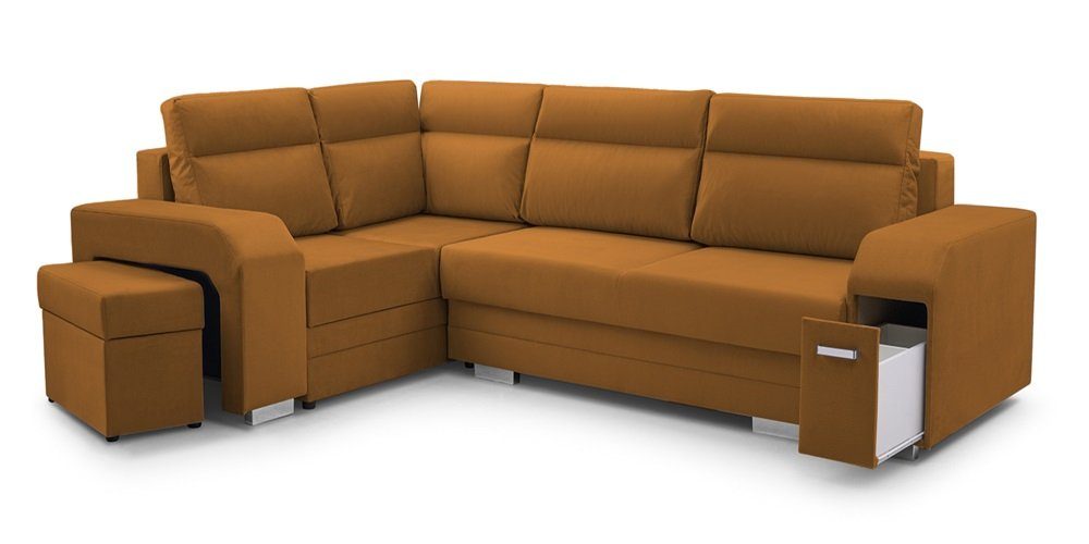 Grau mit Hocker DB-Möbel mit Millo Ecosofa in Minibar, und Senffarbe, Schlaffunktion, Ecksofa