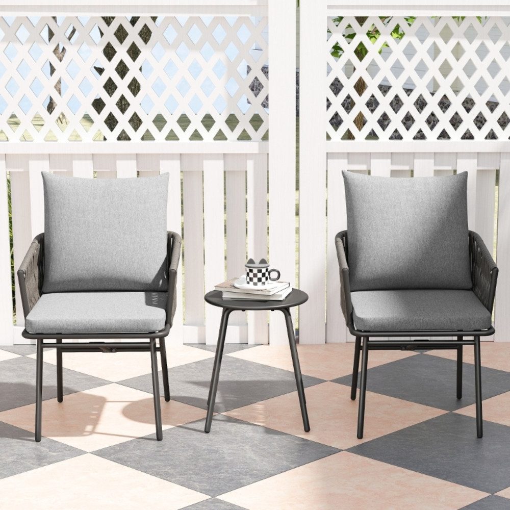 REDOM Sitzgruppe Graues 3-tlg. Rattan-Set Ø 40x49 cm aus Stahl, (Set, 3-tlg., Kompakte Garnitur – ideal für kleine Außenbereiche), 2 Gartensessel + Couchtisch, Kissen abnehmbar