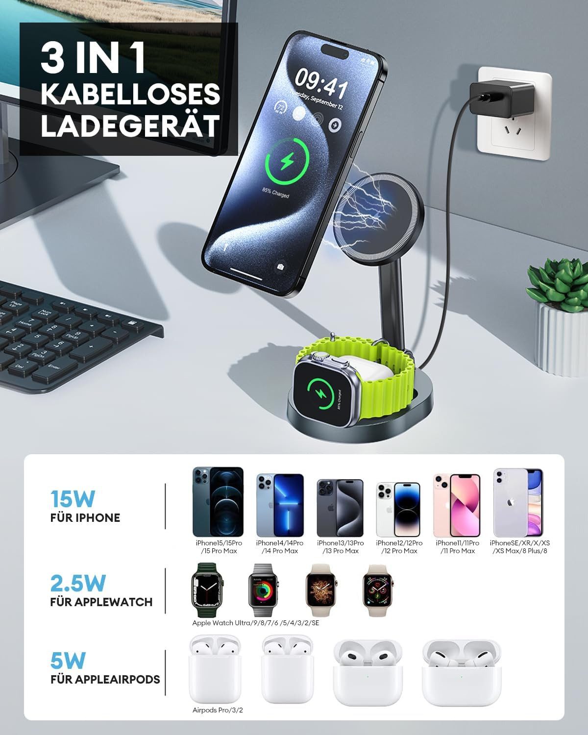 LA CUTE 3-in-1 kabellose Ladestation mit MagSafe für Apple Wireless Charger (2000,00 mA, 3-in-1 kabellose Ladestation mit Schnellladefunktion, 3-in-1 Ladestation mit 20W Adapter für Apple-Geräte, Kabellos, klappbar, schnelles Laden, MagSafe-kompatibel)