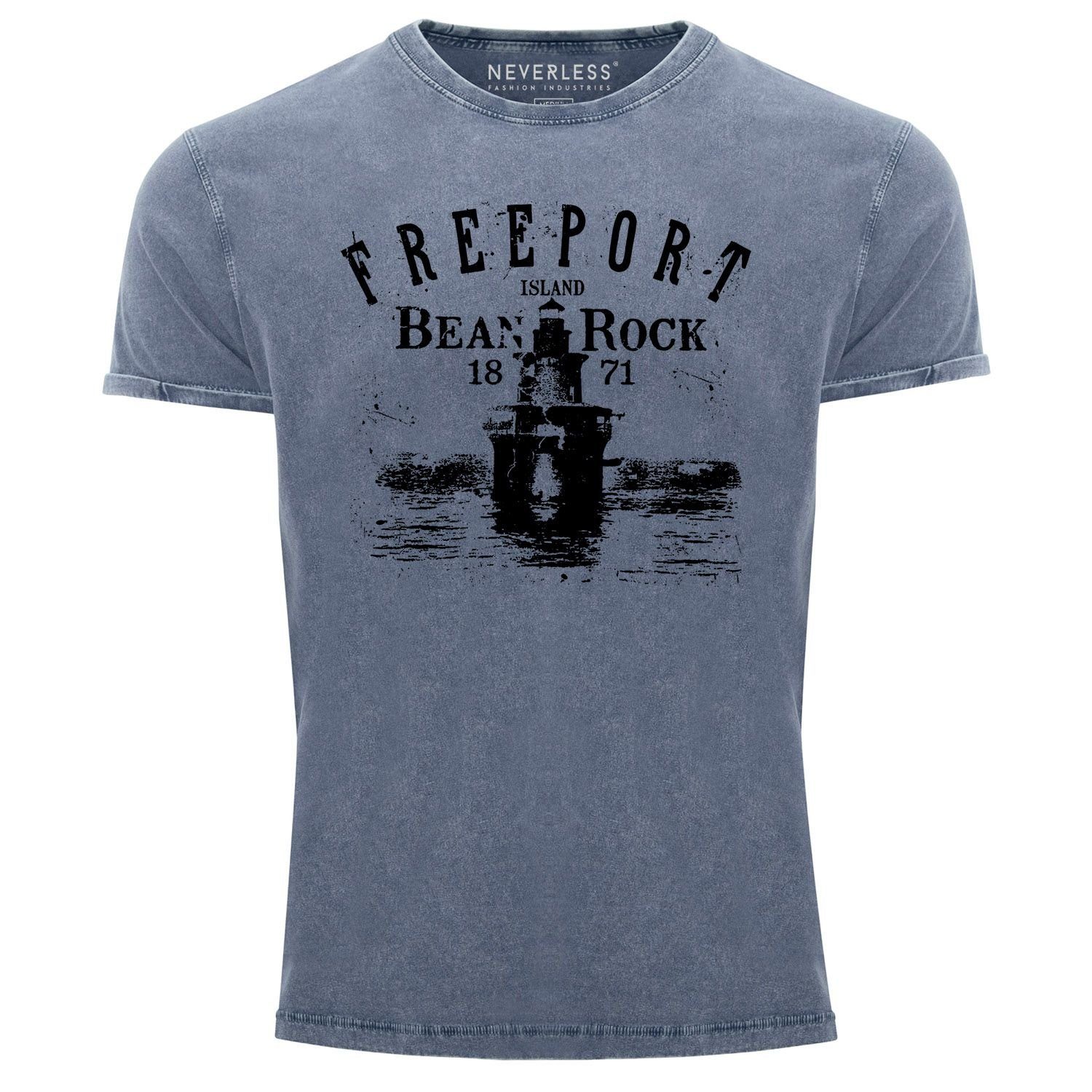Neverless Print-Shirt Herren Vintage Shirt Retro Print Leuchturm Schriftzug Freeport Island mit Print