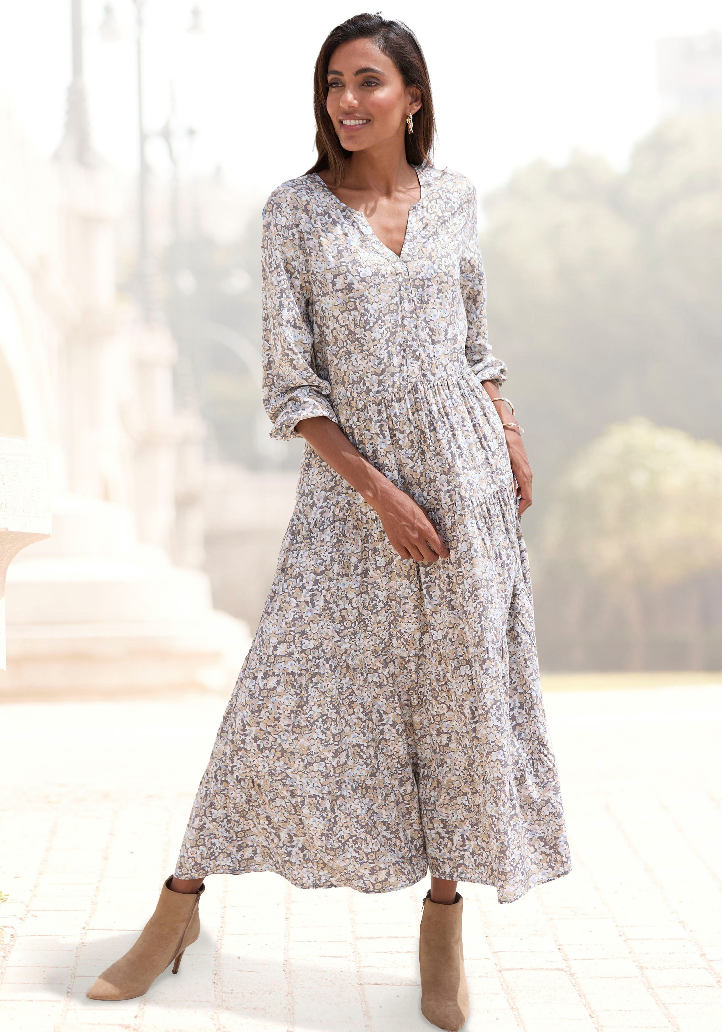 Vivance Maxikleid mit Alloverprint und Volants, langärmlig, Druckkleid, casual-chic