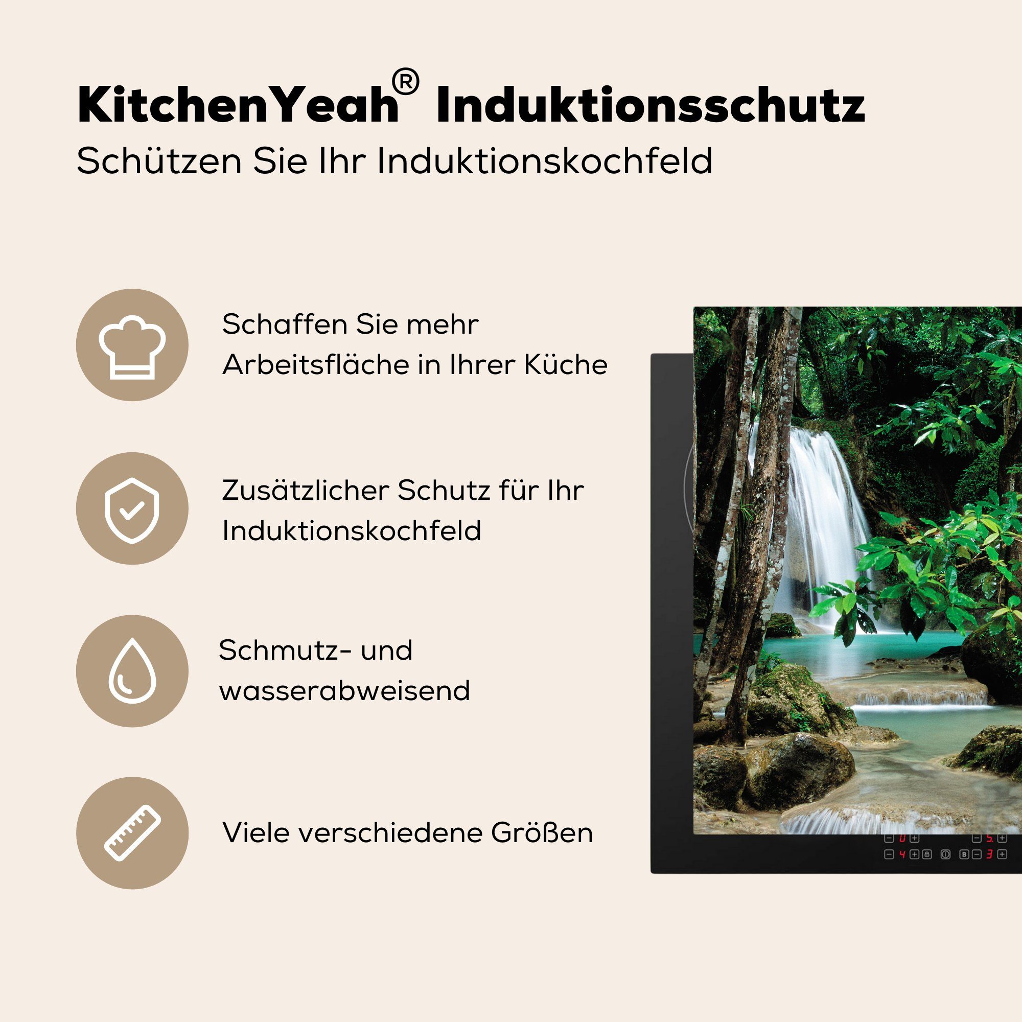 MuchoWow Herdblende-/Abdeckplatte Kleine Wasserfälle zwischen 78x78 cm, den küche Ceranfeldabdeckung, Arbeitsplatte Bäumen Erawan-Nationalparks, Vinyl, des (1 tlg), für