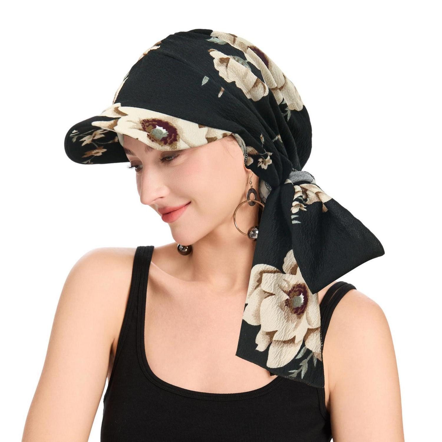 Turbanmütze Kopfbedeckung Damen Chemo Krempe Visier Gebundene Beige Blumen Schwarz
