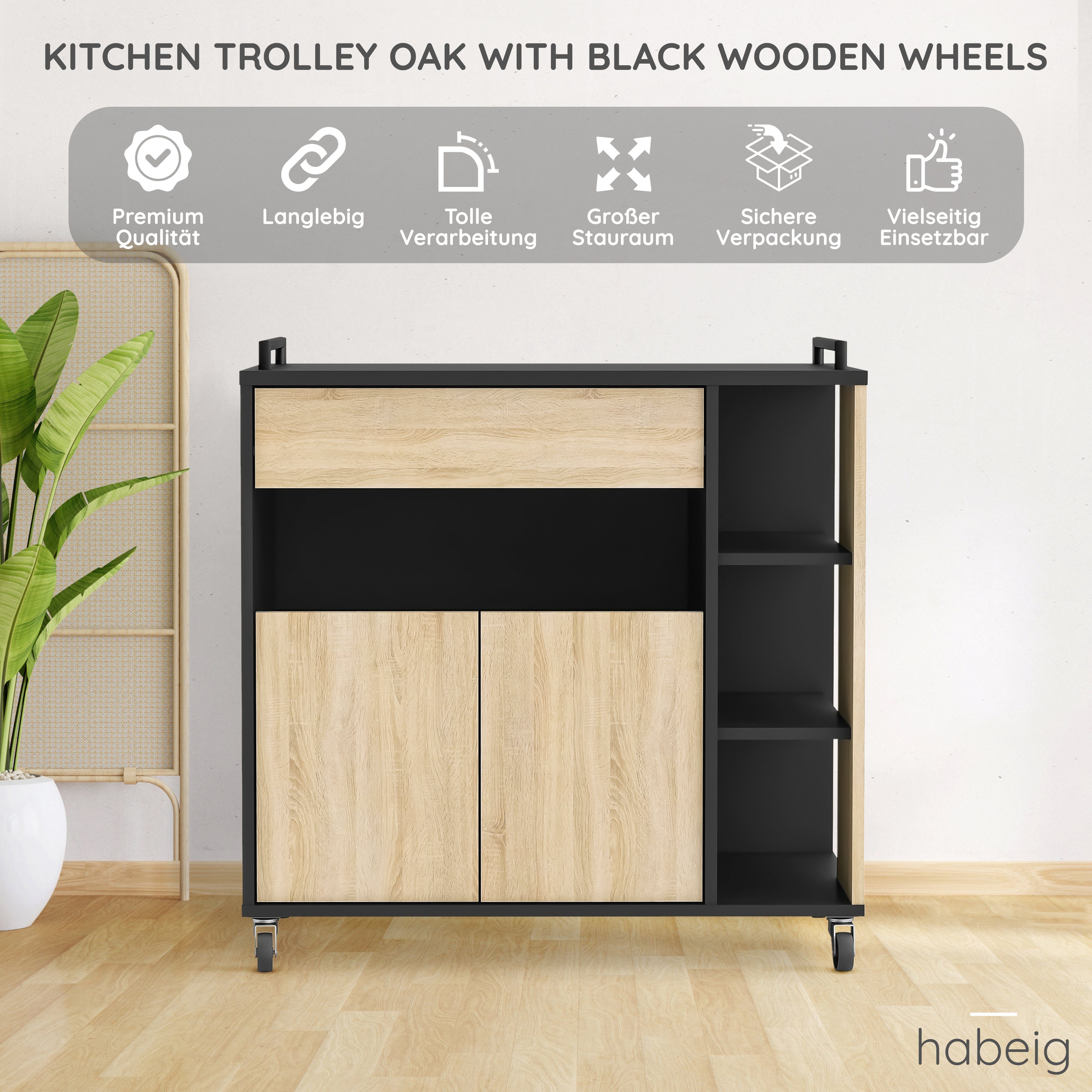 habeig Küchenwagen Küchenwagen #283 schwarz Küchentrolley mit Holz Schublade Rollen Eiche