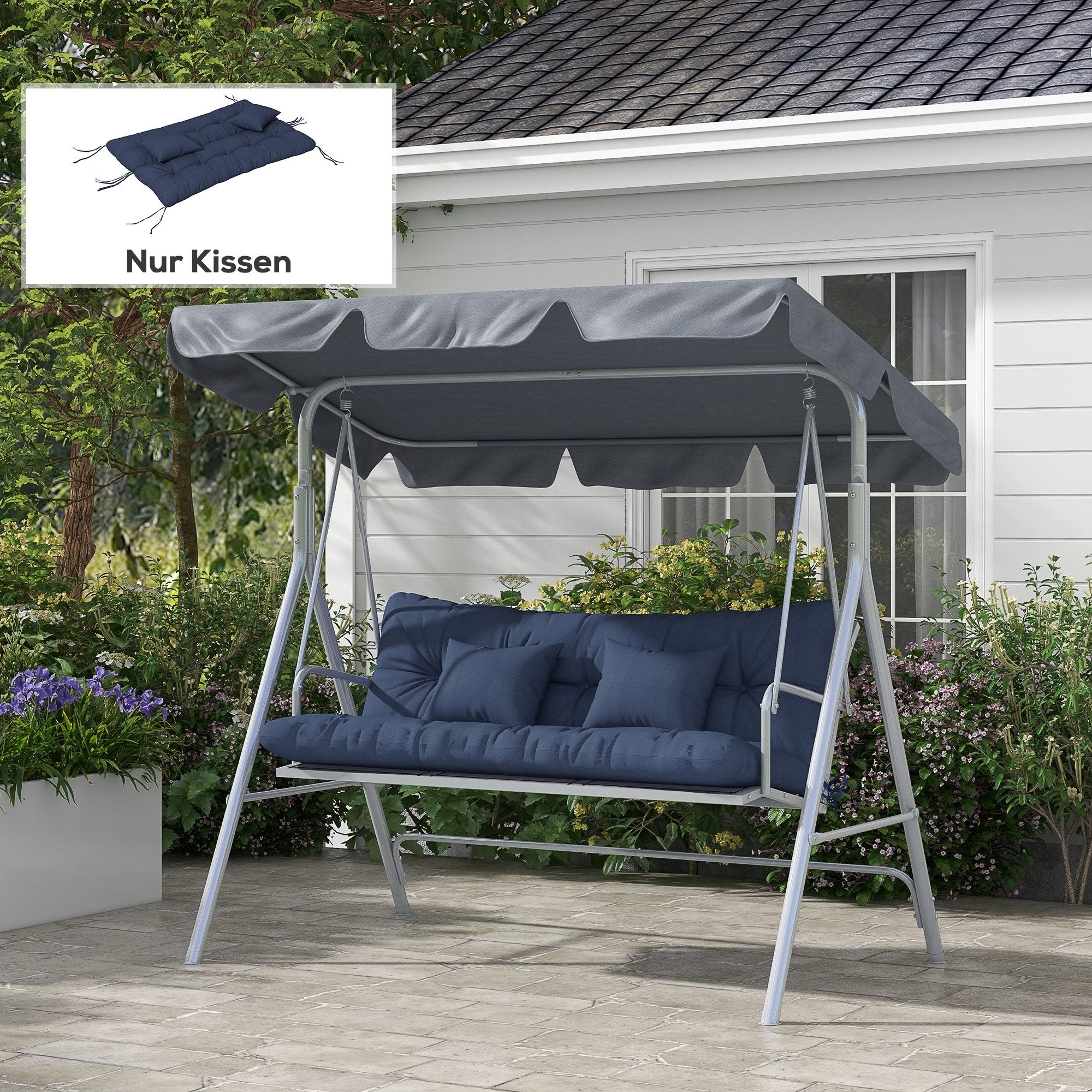 Outsunny Sitzkissen 4er-Set Stuhlkissen, wasserabweisend, 10cm dick, mit Bindebänder, für Haus, Garten, Sofa, Marineblau