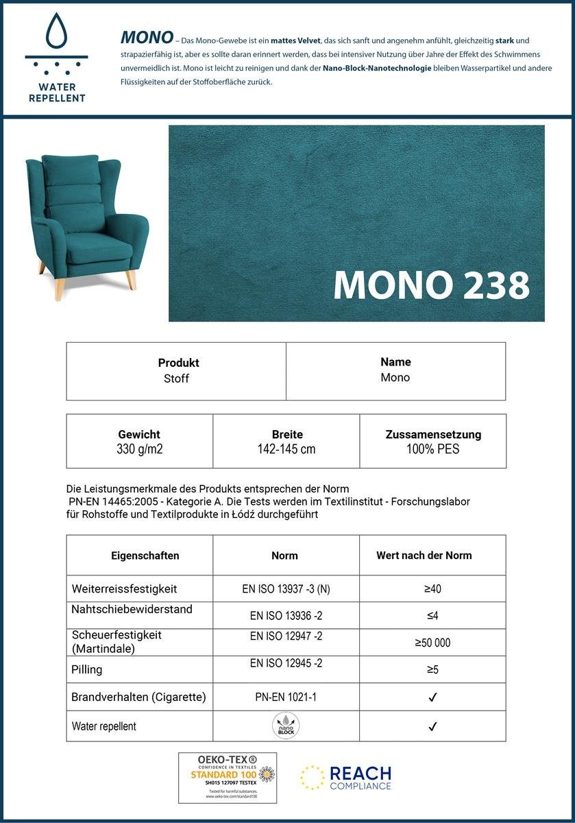 (Loungesessel (mono Atlas Sessel Velvetstoff), Polstersessel Beautysofa für oder 238) Relaxsessel Wenge) aus Wohnzimmer, (Buche Holzbeine mit Grün