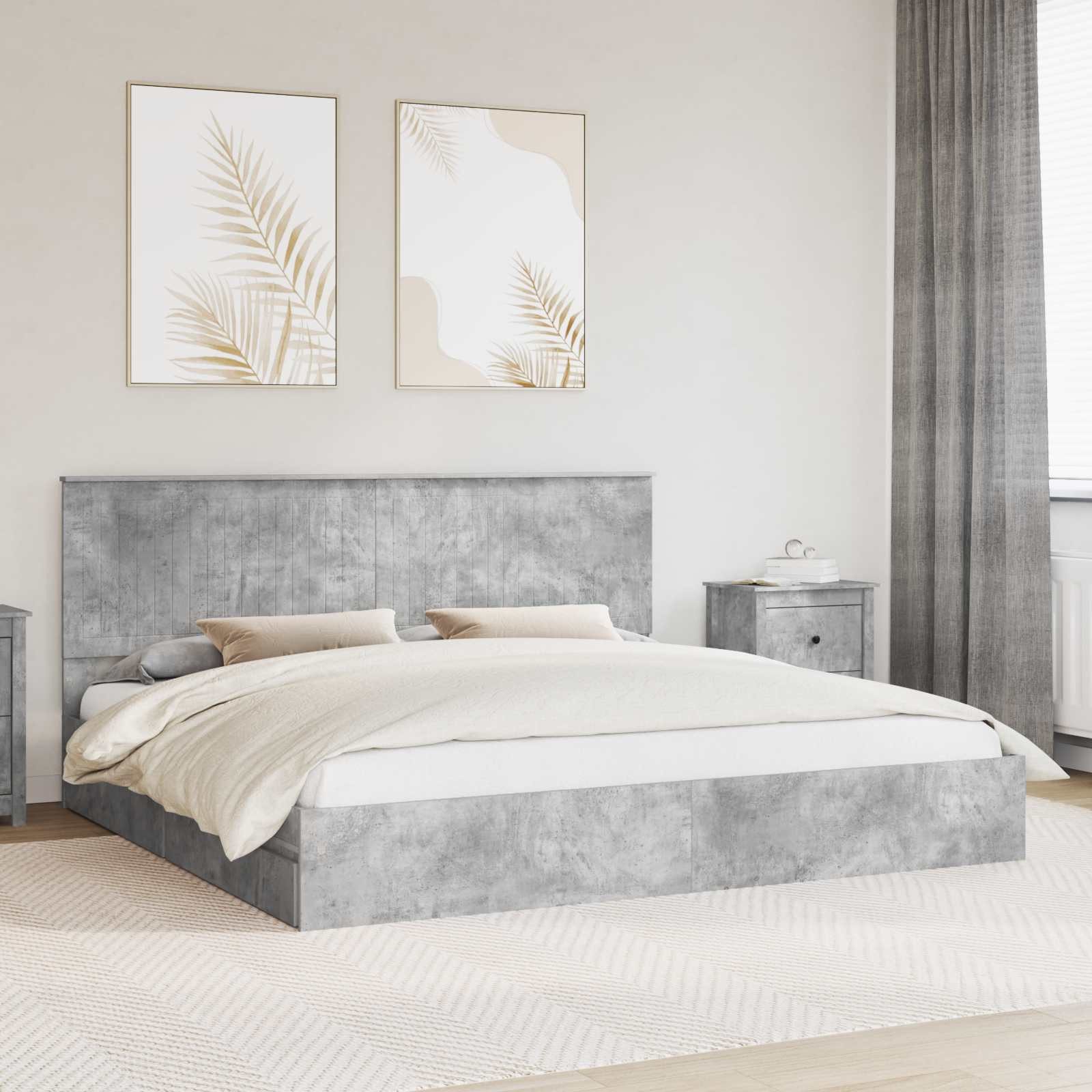 furnicato Stauraumbett Aufbewahrungsbett mit Schubladen 200x200 cm Beton Grau (1-tlg), Integrierte Stauraumschubladen Doppelbett mit praktischem Kopfteil