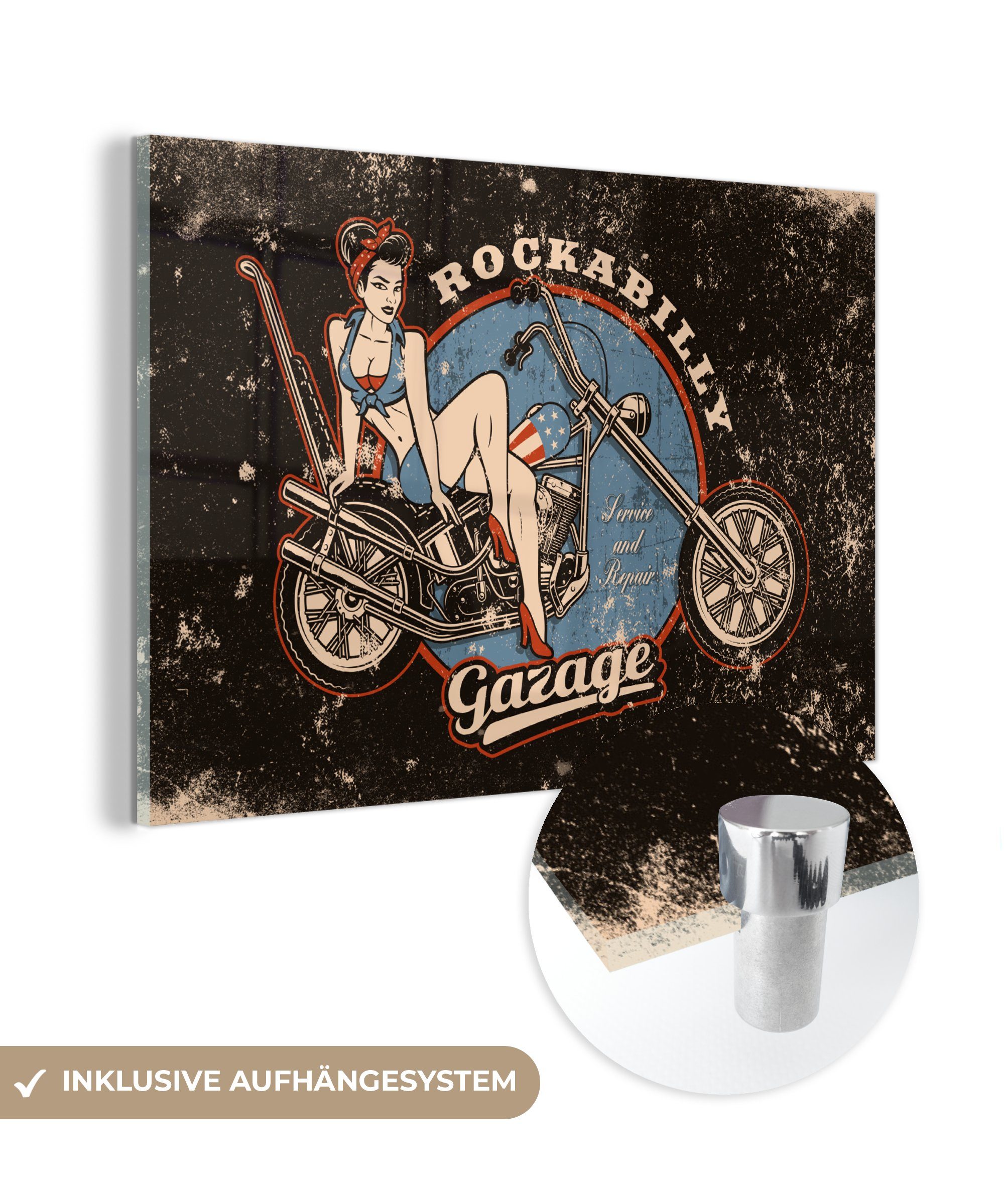 MuchoWow Acrylglasbild Mancave - Motor - Frauen - Retro, (1 St), Glasbilder - Bilder auf Glas Wandbild - Foto auf Glas - Wanddekoration