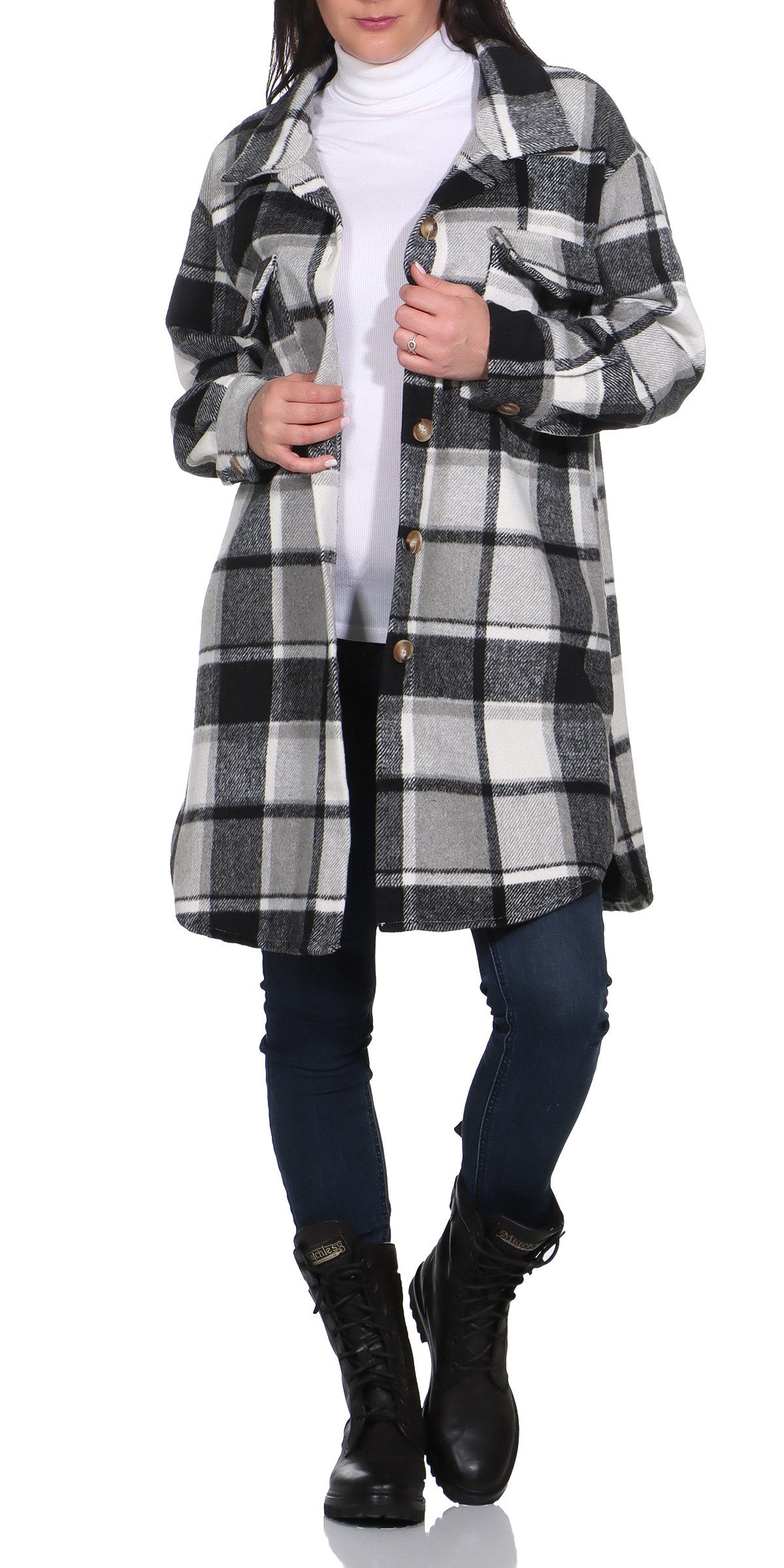 Aurela Damenmode Langjacke Karierter Damen Kurzmantel im Holzfällerlook klassische Holzfällerjacke, Größe 36-40. Reduzierter Preis € 39,95. Unverbindliche Preisempfehlung € 49,99