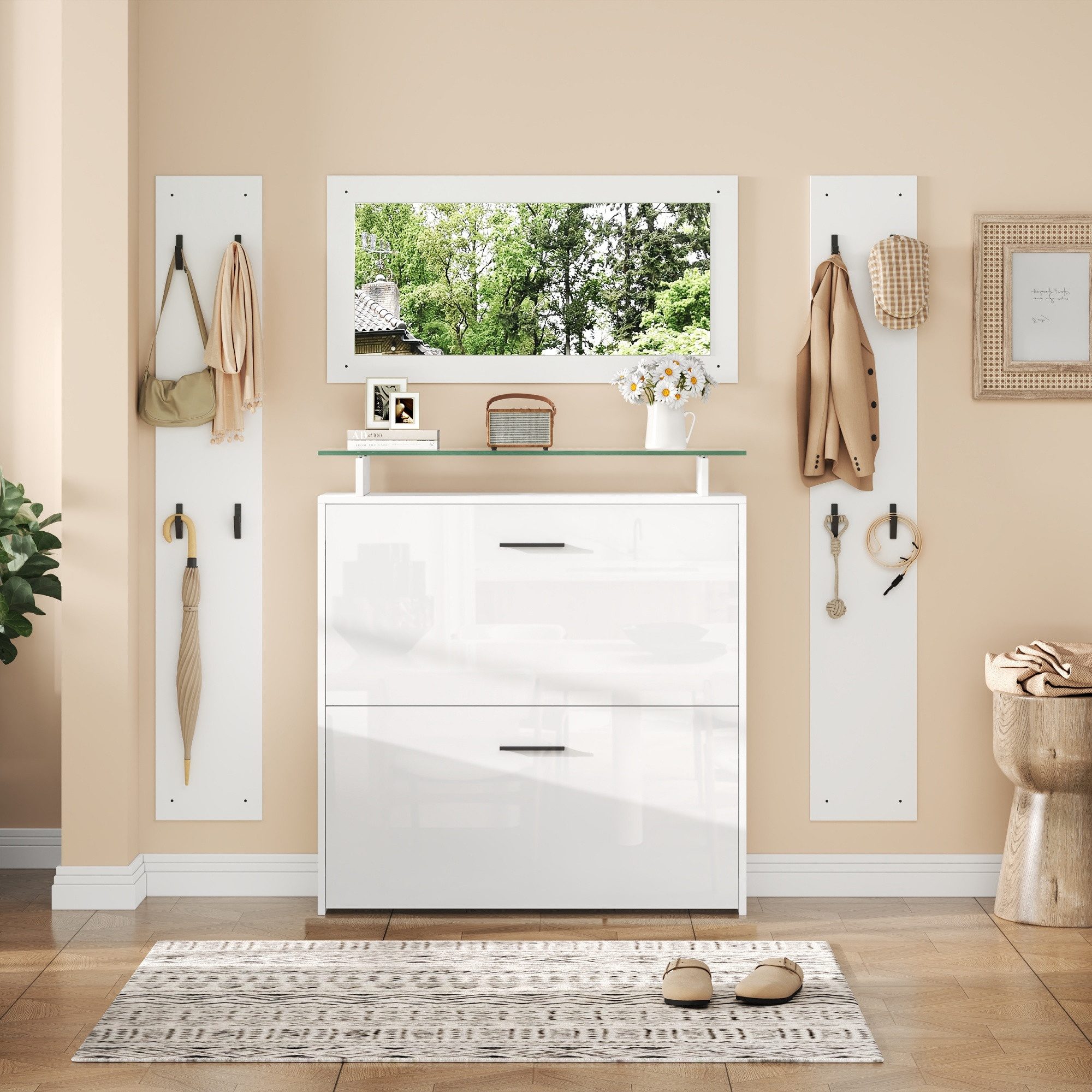 KLAM HOME Garderoben-Set Garderoben-Set 4-teilig mit Spiegel und Schuhschrank, (Platzsparende Flurgarderobe mit 8 Haken), Kompaktes Organisationsset für Eingangsbereich und Diele