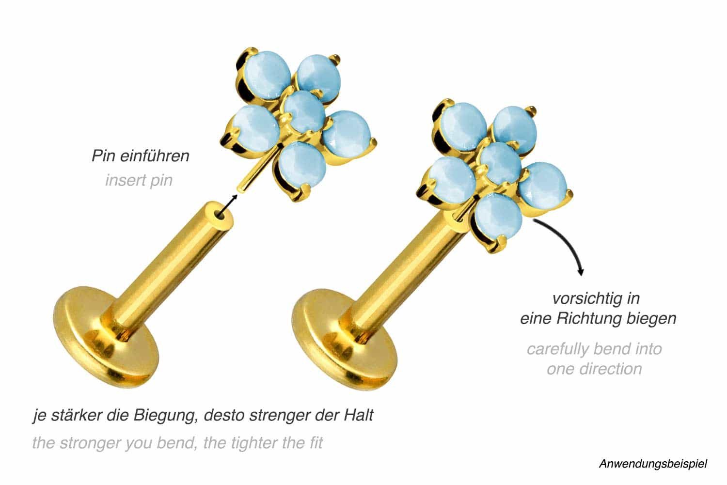 PIERCINGLINE Piercing-Set Titan Labret mit Push Fit BLUME + SYNTHETISCHE TÜRKISE (Labrets, 1-tlg)