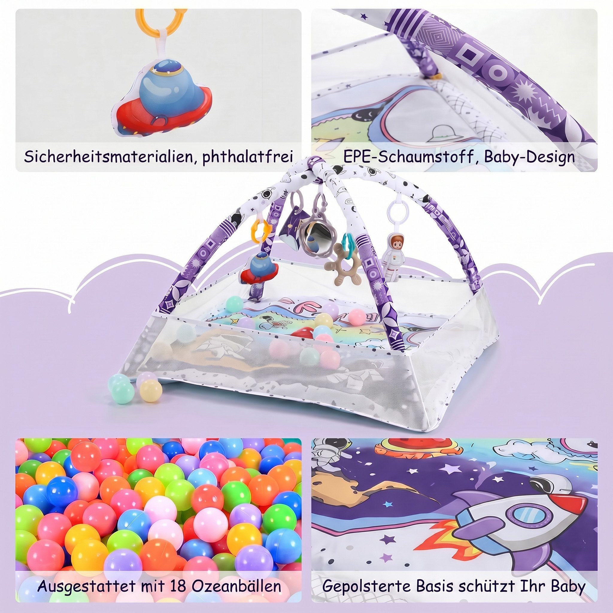 oyajia Spielbogen Baby Spielmatte Zaun Fitness Krabbeldecke Spielecke 75x75×50cm, (5 Plastikspielzeug, 1 weichen Spiegel, 18 Meeresbälle, Faltbare Matte,Spielbogen für Babys Aktivitätsdecke,Meeresspielzeug), Geeignet für Neugeborene von 0–12 Monaten zur Wachstumserkundung