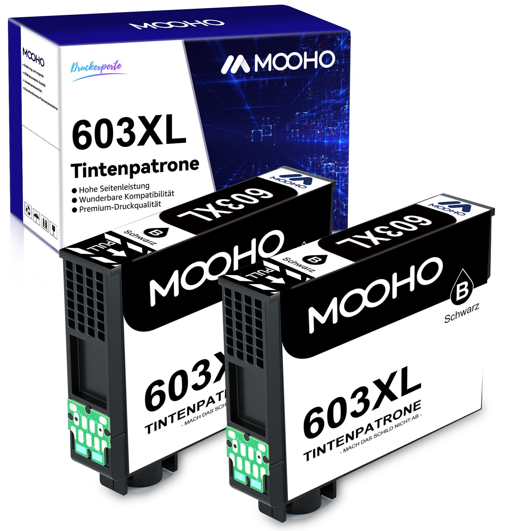 MOOHO Schwarz für EPSON 603 XL Tintenpatrone (XP3105 XP3150 WF2835 WF2830) 2Schwarz